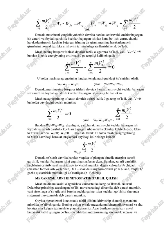 ezlik 0 ga teng bo`ladi, yani vi=0 bu holda quyidagini yozish mumkin: yoki wx-wf.q-wz.q= - bundan wx>wf.k+wz.k ekanligini, yani haraktlantiruvchi kuchlar bajargan ishi foydali va zararli qarshilik kuchlari bajargan ishdan katta ekanligi kelib chiqadi, lekin to`xtash davrida wh=0; wfq=0 bo`lishi kerak. u holda mashina agregatining to`xtash davridagi harakat tenglamasi quyidagi ko`rinishga keladi: wz.q= demak, to`xtash davrida harakat vaqtida to`plangan kinetik energiya zararli qarshilik kuchlari bajargan ishni engishga sarflanar ekan. bundan, zararli qarshilik kuchlarini oshirib mashinani tezrok to`xtatish mumkin degan xulosa kelib chiqadi (masalan tormozlash yo`li bilan). 8.1 – shaklda suniy tormozlash yo`li bilan t3 vaqtni t31 gacha qisqartirish mumkinligi ko`rsatilgan (b–s' chiziq). mexanizmlarni kinetostatik tahlil qilish mashina dinamikasini o`rganishda kinetostatika keng qo`llanadi. bu usul dalamber prinsipiga asoslangan bo`lib, muvozanatdagi dinamika deb qarash mumkin, yani sistemaga ta`sir qiluvchi barcha kuchlarga inertsiya kuchlari qo`shilsa shu onda sistemani muvozanatda deb qarash mumkin. quyida mexanizmni kinetostatik tahlil qilishni kirivoship shatunli mexanizm misolida ko`rib chiqamiz. …