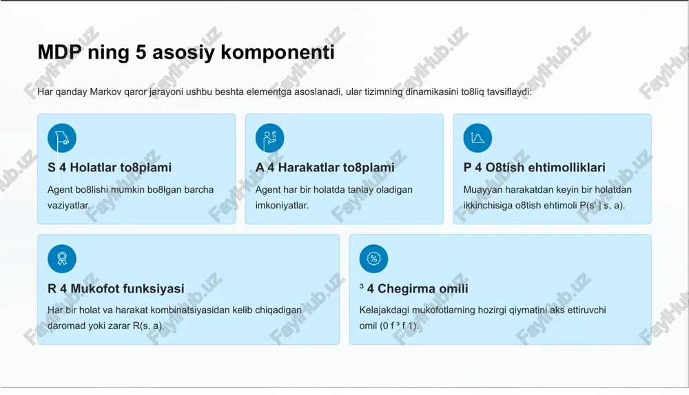 r o8yinlarida eng yaxshi harakatlarni tanlash. sog8liqni saqlash bemorlar uchun davolash rejalarini optimallashtirish, kasalliklarni tashxislash va oldini olish. avtonom transport avtomobillarning xavfsiz yo8l tanlashi, harakatni rejalashtirish va atrofdagi obyektlarga javob berishi. inventar boshqaruvi doimiy talab o8zgarishlari sharoitida optimal buyurtma siyosatini aniqlash va zaxiralarni boshqarish. mdp va mustahkamlash o8rganish (reinforcement learning) markov qaror jarayonlari mustahkamlash o8rganishning nazariy asosini tashkil etadi. bu sohada agentlar tajriba orqali optimal harakatlarni o8rganishadi. mustahkamlash o8rganishda agent atrof-muhit bilan o8zaro ta¾sirda bo8ladi, harakatlar qiladi va olingan mukofotlar asosida o8z siyosatini yaxshilaydi. q-learning, sarsa va deep q-network (dqn) kabi algoritmlar mdpning optimal yechimlarini topish uchun keng qo8llaniladi. ushbu algoritmlar agentga qaysi holatda qaysi harakat eng ko8p mukofot berishini topishga yordam beradi, hatto o8tish ehtimolliklari va mukofotlar dastlab noma¾lum bo8lsa ham. xulosa: mdp 4 qaror qabul qilishda kuchli matematik vosita optimal qarorlar noaniqlik va ketma-ketlikni hisobga olgan holda optimal qarorlar qabul qilish uchun asos. keng qo8llanilish sun¾iy intellekt, robototexnika, …
