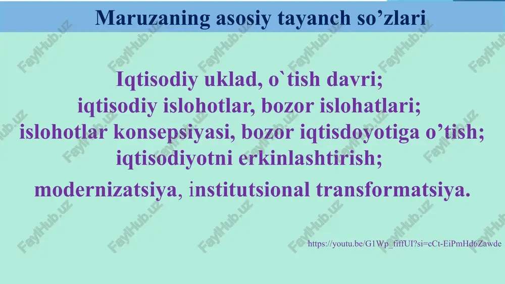 ichma-bosqich model) bu yondashuv asta-sekin, bosqichma-bosqich islohotlarni amalga oshirishni nazarda tutadi. xitoy va vyetnam kabi mamlakatlar bu modelni qo'llagan bo'lib, u iqtisodiy va ijtimoiy barqarorlikni ta'minlashga qaratilgan. 8 ba'zi mamlakatlar yuqoridagi ikki modelning elementlarini birlashtirgan holda o'ziga xos yondashuvni qo'llagan. bu sharoitda mamlakatlar o'z rivojlanish modelida gradual yondashuvni asosiy qilib olgan holda, ayrim sohalarda tezkor islohotlarni amalga oshirgan. aralash model o`tish davri iqtisodiyotining o`ziga xos xususiyatlari barqarorsizlik va xavflar: yuqori infilyasiya darajasi, valyuta o`zgaruvchanligi, tashqi ta`sirlarga nisbatan ta`sirchanlik. iqtisodiyotning ikki tomonlama xususiyati: rejali va bozor tizimi elementlarining bir vaqtda mavjudligi, bu esa ko`pincha tuzilma muvozanatsizliklariga olib keladi. ijtimoiy oqibatlar: daromadlar polyarizasiyasi, kambag`allikning ortishi, bandlik tuzilmasining o`zagarishi. 10 bozor iqtisodiyotiga o'tishning asosiy yo'nalishlari 1 xususiylashtirish davlat mulkini xususiy sektorga o'tkazish orqali mulkchilik shakllarini diversifikatsiya qilish. bu jarayon korxonalarning samaradorligini oshirish va raqobatbardoshligini kuchaytirish maqsadida amalga oshiriladi. 2 narxlarni erkinlashtirish bozor talabi va taklifiga asoslangan erkin narx shakllanish tizimiga o'tish. bu iqtisodiy …