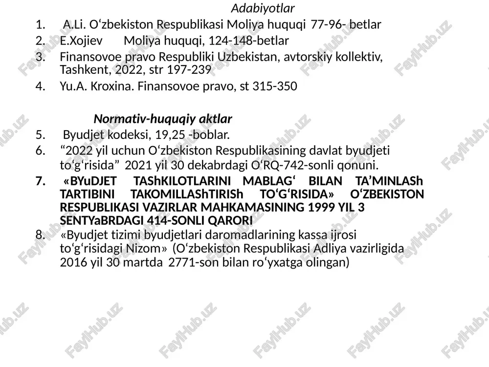 ‘yxatlarga muvofiq); boshqa xarajatlar. byudjetni ijro etish va uning ijrosini nazorat qilish toshkent pedagogika kolleji o‘z ehtiyojlari uchun kollejning byudjetdan tashqari mablag‘lari hisobiga mebel xarid qilishni rejalashtirdi va bankga mebel uchun 100 mln so‘m to‘lov topshiriqnomasini taqdim etdi. ammo bankda shartnomani g‘aznachilikda ro‘yxatga olinmaganlini sababli ushbu summani o‘tkazib berishni rad etdi. kollej vakili mebel byudjet mablag‘lariga emas, balki kollejning rivojlantirish jamg‘armasi mablag‘lari hisobiga xarid qilinayotganini ta’kidladi va shuning uchun shartnomani g‘aznachilikda ro‘yxatga olishning zarurati yo‘q deb aytdi va to‘lovni o‘tkazishni talab qildi. vaziyatga huquqiy baho bering byudjetni ijro etish va uning ijrosini nazorat qilish joriy moliya yili uchun mo‘ljallangan davlat byudjeti taqchilligining tasdiqlangan cheklangan miqdori ortgan taqdirda, o‘zbekiston respublikasi vazirlar mahkamasi o‘zbekiston respublikasi moliya vazirligining taqdimnomasiga ko‘ra o‘zbekiston respublikasi oliy majlisining palatalariga davlat byudjeti xarajatlarini qisqartirish to‘g‘risida takliflar kiritadi. davlat byudjeti xarajatlarini qisqartirishda xarajatlarning ustuvorligi va ijtimoiy yo‘naltirilganligi byudjet tashkilotlarining va byudjet mablag‘lari oluvchilarning qabul qilingan yuridik hamda moliyaviy majburiyatlari …