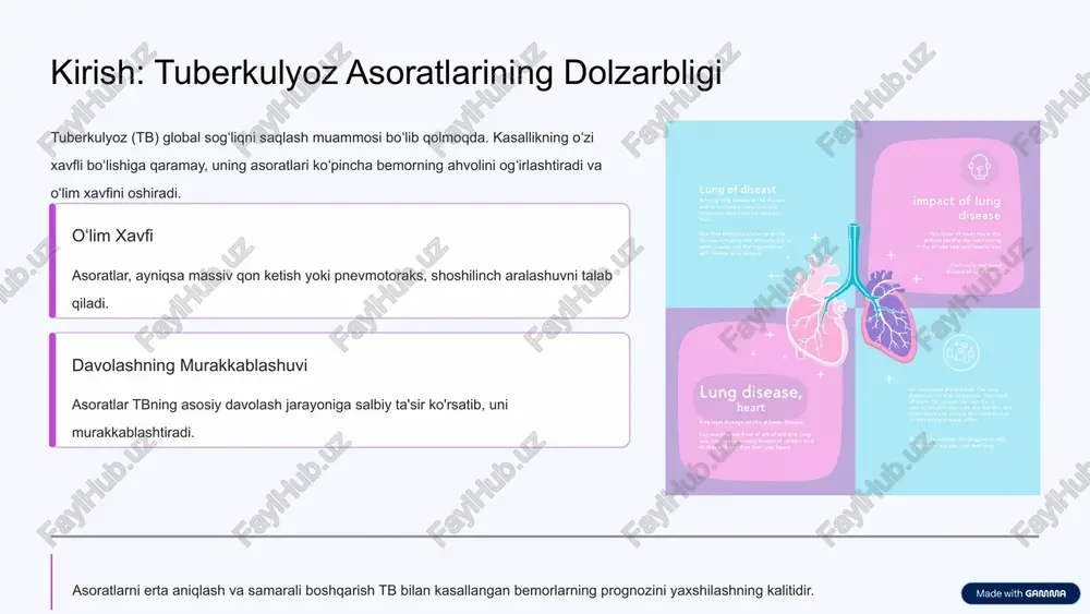 shishiga olib keladi (oʻpka gipertenziyasi). cor pulmonale: diagnostika va klinik xususiyatlar klinik belgilari doimiy va kuchayib boruvchi nafas qisilishi (dispnoe) charchoq va zaiflik oyoqlarning shishishi (periferik shishlar) – oʻng qorincha yetishmovchiligining belgisi bo'yin venalarining shishishi belgilar ko'pincha asosiy o'pka kasalligi belgilari ostida yashirin bo'ladi. diagnostika usullari ekg (oʻng qorincha zoʻriqishi) exokardiografiya (oʻpka arteriyasidagi bosimni baholash) oʻpka funksiyasini tekshirish qonning gaz tarkibini tahlil qilish (gipoksiyani aniqlash) oʻpka-yurak yetishmovchiligini davolash va profilaktika davolash strategiyalari ham asosiy tbni, ham o'pka gipertenziyasi va o'ng yurak yetishmovchiligini o'z ichiga oladi. gipoksiyani korreksiya qilish uzoq muddatli kislorod terapiyasi oʻpka gipertenziyasini kamaytirish va bemorning hayot sifatini yaxshilashda asosiy oʻrin tutadi. farmakologik davolash diuretiklar (shishlarni kamaytirish), vazodilatatorlar (oʻpka tomirlarini kengaytirish) va yurak glikozidlari (yurak faoliyatini qoʻllash). profilaktika cor pulmonaleni oldini olishning eng yaxshi yo'li - tbni o'z vaqtida va to'liq davolash, surunkali oʻpka shikastlanishini minimallashtirish. yakuniy xulosalar va boshqaruv oʻpka tuberkulyozi asoratlarini samarali boshqarish uchun birlashgan, koʻp tarmoqli …