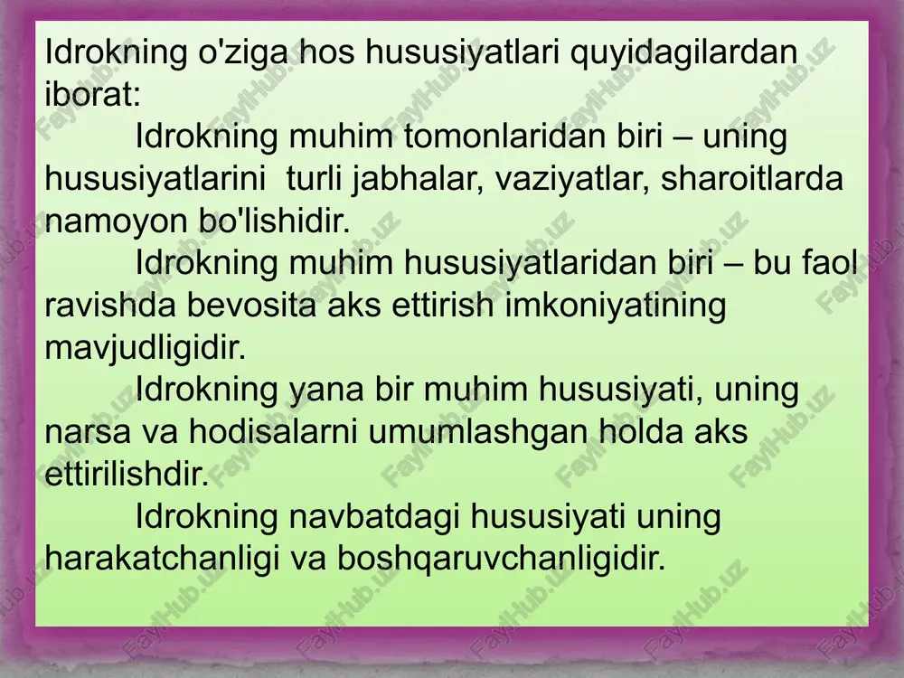 ng hajmi katta, kichik, o'rtacha, yirik, mayda va boshqalar. narsalarning bir-biriga va idrok qiluvchiga munosabati: o'ngda, chapda, yuqorida, pastda, uzoqda va hokazo. konvergensiya – biror narsaga qaraganda ikkala ko'z soqqasining qanshar tomon bab-barobar burilishidir. konvergensiya masofani, chuqurligini aniq, to'liq idrok qilishga imkon beradi. akkomadatsiya -ko'z gavharlarining va umuman ko'zning narsalarni eng yaxshi ko'rish uchun moslashuvini deyiladi. odatda fazodagi narsalarning shakli, hajmi va o'zaro munosabatlarini ikki ko'z bilan binokulyar idrok qilinadi. vaqtni idrok qilish inson tomonidan aks ettirilayotgan vaqt birligining ob'ektiv (haqqoniy, holis) mazmuniga, shaxsning o'ziga nisbatan munosabatiga bog`liq bo'lib, shu mezon orqali uning mahsuldorligi o'lchanadi. vaqtni idrok qilishda turli analizatorlar qatnashadi, biroq vaqtlar oralig`inining bir muncha aniq farqini kinestezik va eshitish sezgilari beradi. odam narsalarni harakati haqida ikki yo'l bilan ma'lumot olishi mumkin. harakatni bevosita idrok qilish; harakat haqida xulosa chiqarish. stereoskopik filmlarni yaratuvchilar bir-biridan bir necha dyuym (1 dyuym – 25,5 mm) masofada joylashtirilgan ikkita kamera yordamida suratga olish …