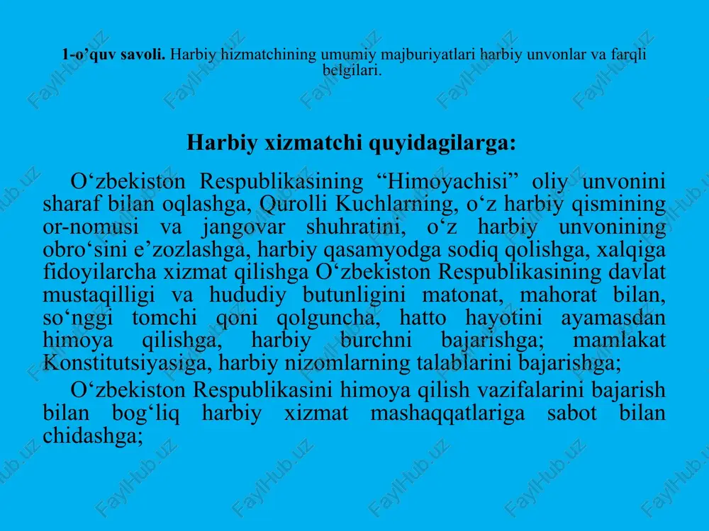 ilarga nisbatan ularning boshlig‘i yoki bo‘ysunuvchisi sanalmagan harbiy xizmatchilar katta yoki kichik bo‘lishi mumkin. kattalik harbiy xizmatchilarning harbiy unvoniga qarab belgilanadi. harbiy unvoni bo‘yicha kattalar, kichik harbiy intizomning, jamoat tartibini, axloq, harbiy kiyim-kechak kiyish va askarchasiga salomlashishni bajarish qoidalarini buzgan hollarda, ulardan bu buzilishlarni bartaraf etishlarini talab qilishlari; unvoni bo‘yicha kichiklar kattalarning bunday talablarini so‘zsiz bajarishga majburdirlar. image1.jpeg /docprops/thumbnail.jpeg
