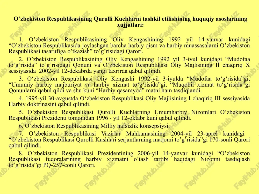 r. 93-modda. o‘zbekiston respublikasiga hujum qilinganda yoki tajovuzdan bir-birini mudofaa qilish yuzasidan tuzilgan shartnoma majburiyatlarini bajarish zaruriyati tug‘ilganda urush holati e’lon qiladi va qabul qilgan qarorini uch kun ichida o‘zbekiston respublikasi oliy majlisi palatalarining tasdig‘iga kiritadi. 2-o’quv savoli. o’zbekiston respublikasining “mudofaa to’g’risida”gi qonuni, mudofaa tushunchasi. “modofaa to’g’risida”gi qonun oliy majlis tarafidan qabul qilingan. “mudofaa to‘g‘risida”gi qonun birinchi prezidentimiz i. karimov tomonidan 1992-yil 3-iyulda imzolandi va yangi taxrirdagi qonun 2002-yil dekabrda qabul qilingan va mintaqadagi o‘zgarishlar, tashqi va ichki siyosatni inobatga olgan holda ushbu qonunga o‘zgartirishlar va qo‘shimchalar kiritilib, uning yangi tahriri tasdiqlandi. “mudofaa to‘g‘risida”gi qonunning asosiy vazifalari mudofaani tashkil etishning hamda o‘zbekiston respublikasi qurolli kuchlarini boshqarishning huquqiy asoslarini belgilaydi, mamlakat mudofaasini ta’minlashda davlat organlarining vakolatlarini, shuningdek, fuqarolarning o‘zini o‘zi boshqarish organlari, korxonalar, muassasalar, tashkilotlar va fuqarolar ishtirokini aniqlab beradi. mudofaa deganda - o‘zbekiston respublikasining suvereniteti, hududiy yaxlitligini, aholining tinch hayoti va xavfsizligini himoya qilishni ta’minlashning siyosiy, iqtisodiy, harbiy, ijtimoiy-huquqiy, axborot, …