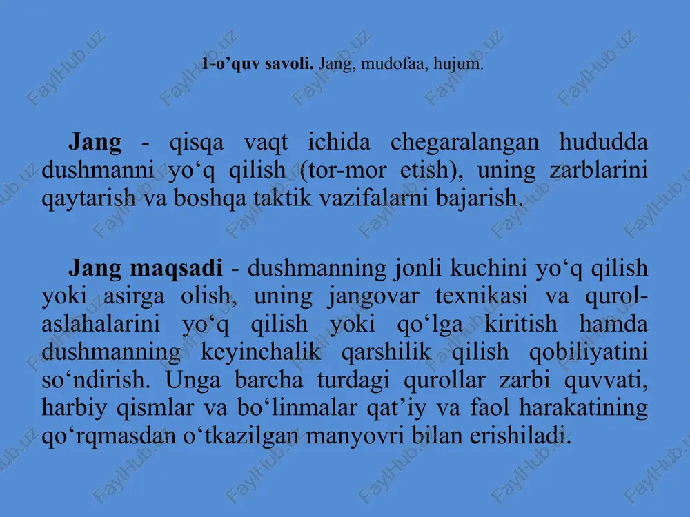 chishni bilishga, ularning eng zaif qismlarini bilishga; -jangda komandirini himoyalashga, agarda u jarohat olsa yoki halok bo‘lsa, qo‘rqmasdan bo‘linma qo‘mondonligini o‘ziga olishga; -jangda komandirning ruxsatisiz o‘z joyini tashlab ketmaslikka, jarohatlanganda yoki radioaktiv zaharli moddalar, bakterial (biologik) vositalar hamda yondiruvchi qurol bilan zararlanganda, o‘ziga va o‘zaro yordam chora-tadbirlarini ko‘rishga hamda vazifani bajarishni davom etishga; agar tibbiy punktga jo‘nash buyurilgan bo‘lsa, o‘zi bilan shaxsiy qurolini olishga; tibbiy punktga borishga iloji bo‘lmaganda, quroli bilan pana joyga o‘rmalab borib, sanitarlarni kutishga; -o‘q-dorilar, bmp (btr) va tank yonilg‘ilari sarfini kuzatib turishga, o‘z vaqtida komandiriga o‘q-dorilar va yonilg‘i zaxirasi bo‘yicha bildiruv berishga; bmp (btr), tank buzilganda, ularni tuzatish chora-tadbirlarini ko‘rishga majburdir. askarning shaxsiy quroli va anjomlari hujumda, mudofaada, to‘qnashuv jangida jangovar harakatlarni muvaffaqiyatli olib borishda hamda maxsus harbiy harakatlarni bajarishda, har bir askar o‘z shaxsiy quroliga ega bo‘lishi kerak. shtatdagi mansabiga qarab, guruhda har bir harbiy xizmatchi o‘zining qurol turiga ega. guruh komandirining o‘rinbosari — serjant, …