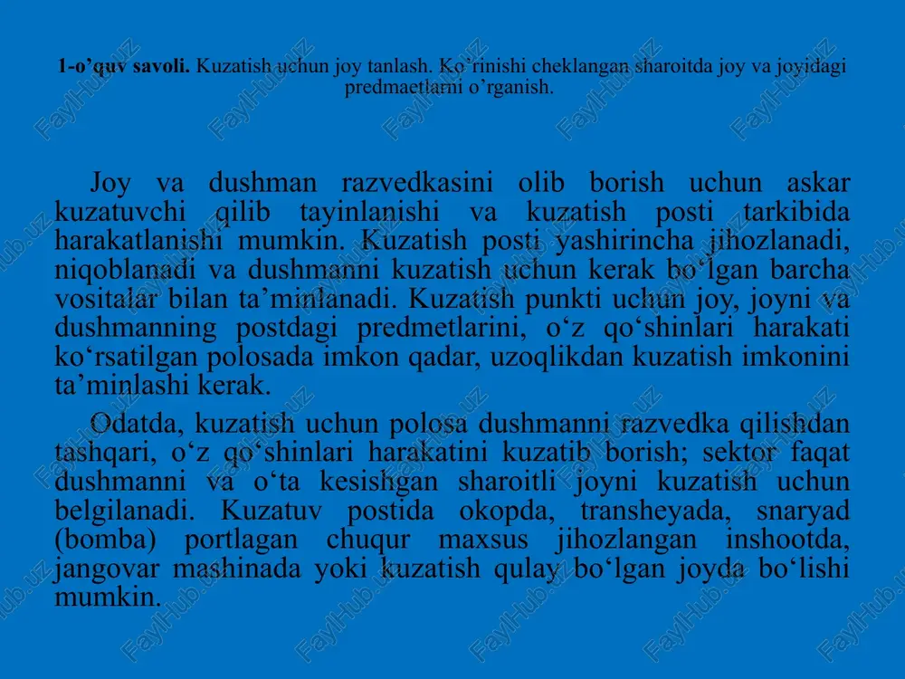 usullaridan ko‘proq foydalanadi: 1. obyektlar (nishonlar)ning burchak o‘lchamlari bo‘yicha. buning uchun biron-bir oraliqda kuzatilayotgan chiziqli o‘lchamlar va burchaklarni bilish lozim. burchak kattaliklari durbin va kuzatishning boshqa vositalari yordamida o‘lchanadi. misol. bir qavatli uyning balandligi (8 m) durbinning ikki bo‘lagi (0-10)ga teng keladi. nishongacha bo‘lgan masofa quyidagi ifoda bilan aniqlanadi: bx1000 8x1000 u= ----------; u= --------- =800m bu 10 bu yerda, bx — nishon balandligi; bu — minglarda berilgan burchak. image1.jpeg /docprops/thumbnail.jpeg