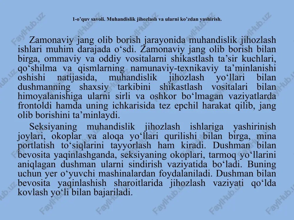, har qaysi qatordagi minalar bir-biridan 4 m.dan 5,5 m.gacha oraliqni tashkil qiladi. minalar maydonining umumiy uzunligi 20 m.dan 120 m.gachani tashkil etadi. 3-o’quv savoli. tank va piyodalarga qarshi minalarning umumiy tuzulishi va taktik-texnik tavsifi. minalar turlari piyodalarga qarshi minalar fugasli minalar tankga qarshi minalar tm-57, tm-62, tm-62 m, tm-62 d, tm-62 p, tm-62 pe. pmn, pmn-2. pomz, ozm-72, mon-50, mon-100. oskolkali fugasli image1.jpeg /docprops/thumbnail.jpeg