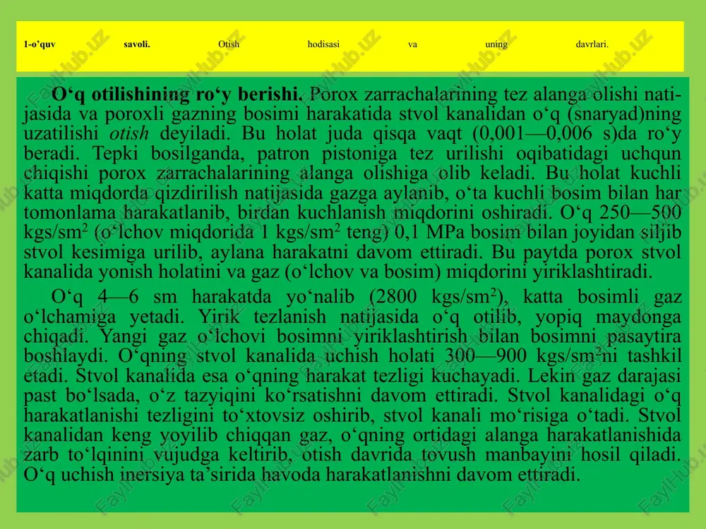 chik burchak balandligigacha bo‘lgan masofada o‘qning yer bag‘irlab harakatlanishini yer bag‘irlab ketgan trayektoriyasi (harakatlanish yo‘li) deyiladi. o‘qning teshib o‘tish va shikastlash ta’siri to‘siqlar o‘qning turi otish masofasi (metr hisobida) o‘qning teshib o‘tish holati 7 mm zirh yo‘g‘onligi 90° burchak kuzatuvida kaska (po‘lat shlem) zirhyorar yondiruvchi po‘lat o‘zakli zirh- yorar yondiruvchi 200—300 900—1100 m.dan yuqori 50—90 % 80—90 % okop tepasiga uyulib ishlangan qor hamma o‘q turi 500 70—80 sm yog‘och to‘siqlardan qurilgan doska (20 20 qalinligida) po‘lat o‘zakli zirh- yorar yondiruvchi 500 70—80 sm pishiq g‘ishtli to‘siqlar po‘lat o‘zakli zirh- yorar yondiruvchi 100 12—15 sm to‘g‘ri o‘q otish va uning ahamiyati. o‘qning nishonga borib tegishi davomida uning o‘ldirish holati va teshib o‘tishi, uning og‘irligiga va tezligiga bog‘liq bo‘ladi. amaliyotda o‘qning o‘ldirish holati uning havodagi eng so‘nggi masofagacha harakatlanishi to‘g‘ri otish deyiladi. image1.jpeg image2.png image3.png /docprops/thumbnail.jpeg