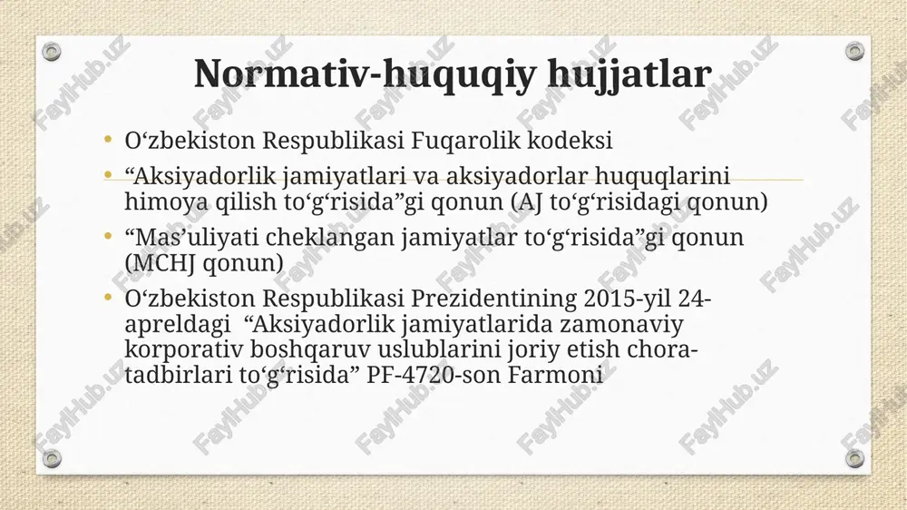tgan oʻrni umuman olganda, kuzatuv kengashining roli turli huquqiy tizimlarda turlicha tushuniladi. aqshda kuzatuv kengashi qaror qabul qilishda yetakchi rol oʻynaydi va umumiy yigʻilish rasmiy ravishda aksiyadorlik jamiyatining boshqaruv organi sifatida qaralmaydi. yevropa mamlakatlarida esa mulkdorlar va korporativ munosabatlarning boshqa ishtirokchilari, jumladan, xodimlar manfaatlari rioya etilishini nazorat qilish funksiyasi yuklatilgan. germaniyada korporatsiyalarining kuzatuv kengashi tarkibiga kasaba uyushmalari vakillari ham kirishadi. xoʻjalik jamiyatining ijroiya organlari xoʻjalik jamiyatining ijroiya organlari: - yakkaboshchilik asosidagi ijro etuvchi organi funksiyasini direktor, bosh direktor (bundan keyin – direktor) yoki boshqaruvchi tashkilot, boshqaruvchi (bundan keyin – boshqaruvchi tashkilot) amalga oshirishi mumkin; - kollegial ijroiya organi – boshqaruv (bundan keyin – boshqaruv). ijroiya organlarining kompetensiyasiga uning amaldagi faoliyatini boshqarishga doir barcha masalalar kiradi, faqat umumiy yigʻilish yoki kuzatuv kengashi vakolatidan tashqari, agar ustavda ularning tashkil etilishi nazarda tutilgan boʻlsa. jamiyatning moliyaviy-xoʻjalik faoliyati ustidan nazorat tizimi zamonaviy yirik korporatsiyalarda jamiyatning moliyaviy-xoʻjalik faoliyatini nazorat qilishning butun tizimi faoliyat olib boradi, …