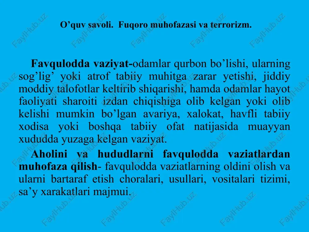 italar. -sovuq qurollar; -o’q-otar qurollar; -portlovchi moddalar; -zaharlovchi moddalar; -biologik reagentlar; -radiaktiv moddalar; -yadro zaryadlari; -elektromagnit impulse tarqatuvchilar. terrorizm maqsadlari: -davlat sieosati va davlat qurilishini zo’rlik yo’li bilan o’zgartirish; -davlatning jinoeatchilikka qarshi kurashdagi urinishlari beqarorlashtirish va buzish; -ijtimoiy va iqtisodiy masalalarni hal etish, duneo hamjamiatiga integrazia qilinish kudratiga ega bo’lgan demokratik sieosiy tuzumni earatish va mustahkamlash bo’yicha qabul qilinaeotgan qarorlarni beqarorlashtirish va buzish; -shaxsga, jamiatga, davlatga sieosiy, iqtisodiy va ma’naviy zarar keltirish. terrorrizmning qo’lamlari: -shaxsga qaratilgan jinoeatlar; -guruhiy qotilliklar; -odamlarning ommaviy qirilishi; -butun mamlakat bo’ylab terrorshilik xarakatlarini amalga oshirish; -duneo hamjamiatiga qarshi qaratilgan yirik ko’lamli harakatlar. terrorchilik xarajatlari bilan bog`liq vaziyatga tushim qolganda qanday harakat qilish kerak? garovga tushib qolganda: -aslo vahimaga berilmang; -“hamma qatori” bo`lishga harakat qiling. ko`zga tashlanadigan kiyimlardan xalos bo`ling, bo`yingiz baland bo`lsa engashing, keskin harakatlar qilmang, terrorchilarning ko`ziga tik qaramang; -atrofdagilarni tinchlantirishga harakat qiling, bunda har qanday usuldan, xattoki musht tushurishdan ham foydalanishingiz mumkun; -imkon darajasida …