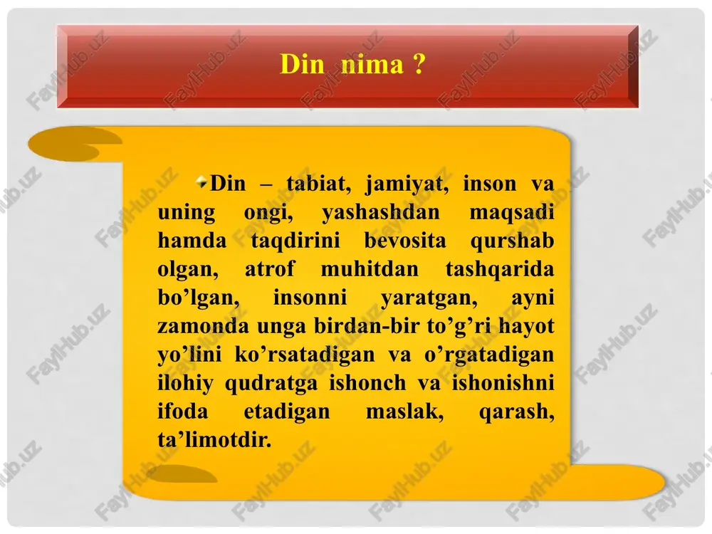 larni o'zlari xos bo'lgan ilm yo'nalishi nuqtai nazaridan o'rganib, turlicha yondashganlar. shuning uchun ular o'rtasida ba.zi ixtiloflar bo'lishi tabiiydir. masalan, din tarixi bilan shug'ullanuvchi olimlar dinlarning yuzaga kelish tarixiga ko'ra davriy jihatdan yondashib tadqiq etganlar. boshqa bir guruh olimlar dinlarni paydo bo'lgan va tarqalgan mintaqalariga ko'ra tadqiq etganlar. ayrim dinshunoslar diniy nuqtai nazardan yondashib, dinlarni o'rganganlar. jumladan, yoakim vax (joachim wach), dinlarni «asoschisi bor dinlar», «an.anaviy (rasm-rusumli) dinlar»ga, gustav menshing esa «milliy dinlar», «jahon dinlari» ko'rinishida ikkiga bo'ladi. annemari shimmel esa dinlarni - ilk-qabilaviy, milliy, jahon dinlari, deb uchga bo'ladi. shu bilan birga ba.zi tadqiqotchilar quyidagi tasnifni keltiradilar: 2. jo'g'rofiy mintaqasiga ko'ra sharq dinlari va g'arb dinlari tarzida tasniflash. bu dunyoning qutblarga bo'linishiga monand siyosiy va madaniy tafovutni aks ettiruvchi keng jo'g'rofiy tasnifdir. sharq dinlariga hinduiylik, buddaviylik, konfutsiylik, sintoiylik, daolik va boshqa uzoq sharq dinlari kiritiladi. g'arb dinlariga yahudiylik, xristianlik va islom dinlari kiritiladi. aslida islom dinini g'arb yoki sharq …