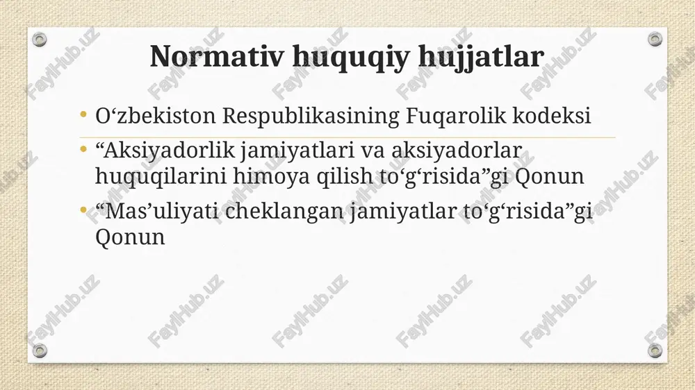 vi sifatida belgilangan vaziyatda noqulay shartlarda xizmat koʻrsatish (ishlar ishlab chiqarish) va boshqa bitimlar. 14 manfaatdorlik tushunchasining mohiyati direktor yoki jamiyatda muhim boshqaruvga ega bo’lgan shaxslarning manfaatini cheklash; ozchilik huquqlarini himoya qilish; umumiy yig’ilish vakolatlarini kengaytirish; jamiyat boshqaruv organlarining javobgarligini oshirish jamiyatning bitim tuzishdan manfaatdorligi direktor; kuzatuv kengashi; afillangan shaxs; ularning yaqin qarindoshlari; manfaatdor shaxs bitim ta’rafi hisoblansalar; yuridik shaxslarda 20 foizdan ortiq ulushga egalik qilsalar; uchinchi shaxslarning manfaatini ifodalasalar; boshqa jamiyatning direktori bo’lsalar manfaatdor shaxslar bilan tuzilgan bitimlar quyidagilar jamiyatning affillangan shaxslari deb eʼtirof etiladi: 1) ushbu jamiyatning yigirma foiz va undan ortiq foiz aksiyalariga egalik qiluvchi yuridik shaxs; 2) ushbu jamiyatning yigirma foiz va undan ortiq foiz aksiyalariga yaqin qarindoshlari bilan birgalikda egalik qiluvchi jismoniy shaxs; 3) ushbu jamiyat kuzatuv kengashining aʼzosi, jamiyat direktorining yoxud jamiyat boshqaruvi aʼzosining vakolatlarini amalga oshirayotgan shaxs; 4) ushbu jamiyat qaysi yuridik shaxs ustav fondining (ustav kapitalining) yigirma foizi va undan ortiq foiziga …