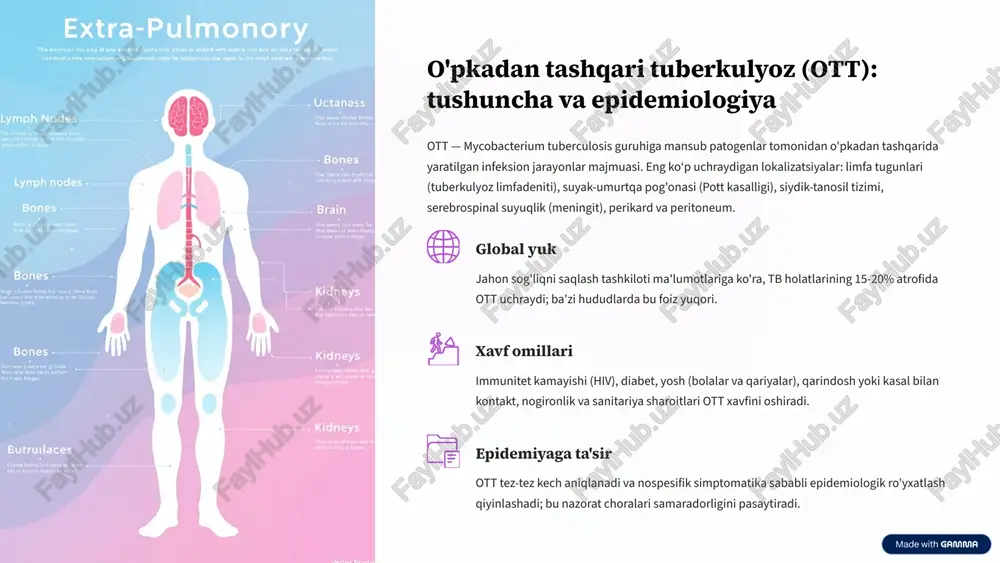 qlash, jarayon tarqalishini baholash va biopsiya joyini aniqlash uchun muhim. har bir metodning o‘z afzalliklari va chegaralari mavjud: rentgen (x-ray) oddiy va arzon; limfa tugunlari, suyak yo'qotishlari yoki suyuqlik yig‘ilishi kabi aniq o‘zgarishlarni dastlabki baholash uchun foydali. ammo yengil yoki chuqur jarayonlarni ko‘rsatishda cheklangan. uzi (ultrasonografiya) peritoneal, jigar kapsulasi, limfa tugunlari va yumshoq to‘qimalar o‘zgartirishlarini aniqlashda juda foydali; biopsiya yo‘naltirilishi mumkin. kt (kompyuter tomografiya) bone va toraks strukturalarini detal ko‘rsatadi; okeanik destruktsiya, abscess va paravertebral kolleksiyalarni aniq tasvirlaydi. mrt (magnit-rezonans tomografiya) yumshoq to‘qimalar, markaziy asab tizimi va ichki organlardagi yallig‘lanish jarayonlarini yuqori kontrast bilan ko‘rsatadi; meningit va epidural abstsesslarni aniqlashda eng yaxshi metod. instrumental natijalar har doim klinik va laborator ma'lumotlar bilan birga baholanadi; tasviriy o‘zgarishlar boshqa kasalliklar bilan o‘xshash bo‘lishi mumkinligi sababli, izchil differensial yondashuv zarur. 6 mikrobiologik va molekulyar genetik tekshiruvlar mikrobiologik tasdiq — manbadan madaniyatga olingan namunaning m.tuberculosis bo‘yicha o‘sishini aniqlash; ammo bu usul sekin (haftalar oladi). …