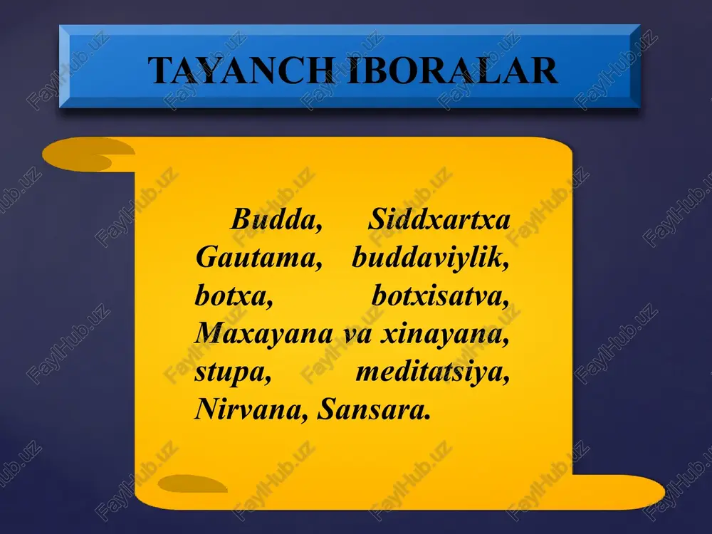 larida termizda 10 ta buddaviylik monastirlari (sangarama) va mingta rohib bo‘lgan. buddaviylikning markaziy osiyoga kirib kelishi 1962 yilda surxondaryo viloyati, sho‘rchi tumanida joylashgan dalvarzintepada buddaviylik ibodatxonasi, vino tayyorlash qurilmalari, dafn qilish joyi – naus topilgan. shahar hududida kulol, hunarmand va boy zodagon uylarining qoldiqlari, shuningdek, mashhur oltin dafina va fil suyagidan yasalgan shaxmat donalari topilgan. markaziy osiyo hududlarida birinchi marta loydan yasalib yaxshi saqlangan budda tasviri, ko‘plab haykalchalar, bezaklar, diniy marosim buyumlari va tangalar topilgan, ular ii asr oxiri iii asr boshidagi buddaviylik ibodatxonasining markaziy binolari ichida saqlangan. boshqa binolarda katta miqdorda haykalchalar bo‘laklari, taqinchoqlar topilib, ularning ko‘pchiligiga oltin suvi yuritilgan. budda tasvirlangan rasm parchalari, ko‘plab sopol idishlar, jumladan: devorlarida qadimgi yunon, hind yozuvidagi braxma bitiklari saqlangan ko‘za qoldiqlari,chiroqlari topilgan. tripitaka uch qismdan iborat budda targ’ibotining haqiqiy bayoni hisoblangan sutra matnlari – sutra-pitaka buddizmning falsafiy va psixologik muammolarini bayon qilgan abxidxarma matnlari – abxidxarma-pitaka rohiblik axloqi, xonaqohlar nizomlariga bag’ishlangan vinaya …