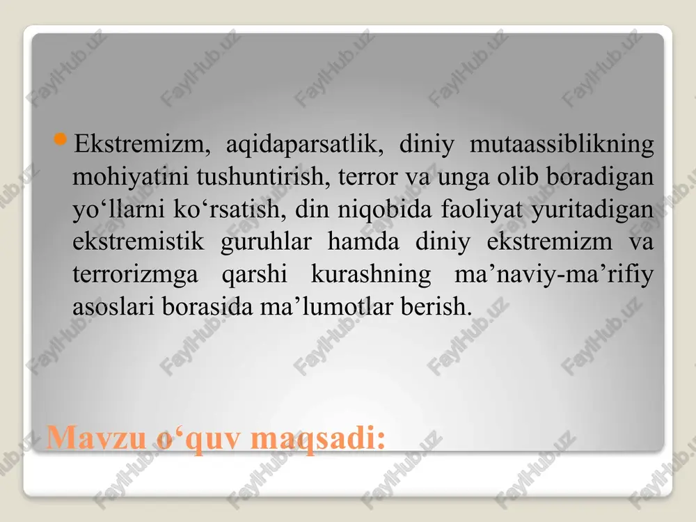 begunohlarni ajratmaslik o’z qilmishidan rohatlanish, o’zini haq deb bilish aybdor deb topilganlarni sudsiz qatl qilish hizb at-tahrir tushunchasi islomiy davlatni yoyish vazifalari va sifatlari izzat va sharaf sari islom nizomi etarli ta’lim olgan shaxslar keyinchalik o’zlari mustaqil gurux tuzishlari lozim. tahrirchi larning ta’mini mana bunday bosqichlarda olib boriladi demokratiya- kufr nizomi siyosiy ong xakifalikning tugatilishi akromiylar respublikamiz hududida tashkil topib, hozirda faoliyati deyarli to’xtatilgan noananaviy, ham islom tarafdorlariga, ham konstitutsyaviy davlatchilik asoslariga zid bo’lgan gurux “akromiylar”dir. maydon moddiy akromoylar siyosiy xokimiyatga erishishning 5 bosqichini rejalashtirganlar sirli uzviy oxirat xalqaro terrorizm xalqaro terrorizm- biron bir davlatdagi terrorchilarning o`z harakatlarini u yoki bu davlat hududidan tahsqariga chiqib, davom ettirishdir. terrorchilarning biron bir horijiy davlatga joylashgan xalqaro terrorizmning o`ziga xos xususiyatlarini ko`rsatib turadi. masalan: terrorchilar ham jinoyat qurbonlari ham bir davlatga mansub yoki bir necha davlatga tegishli bo`lishi mumkin. ammo jinoyat shu davlatdan tahsqarida sodor etilgan bo`ladi. terrorchilik harakati xalqaro himoya ostidagi shaxslarga …