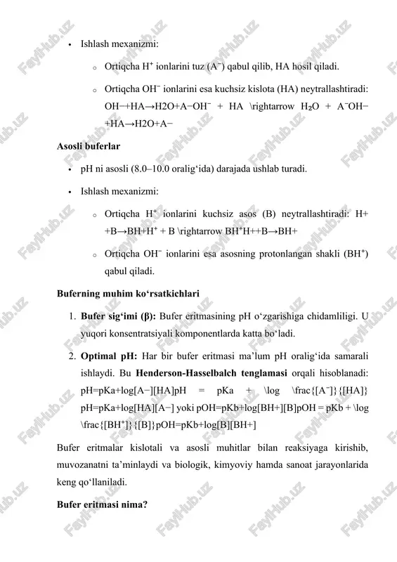 a, bufer quvvati pasayadi. 2. konsentratsiya: · eritma komponentlarining konsentratsiyasi yuqori bo‘lsa, bufer eritmasi ko‘proq kuchli kislota yoki ishqorni neytrallashga qodir bo‘ladi. 3. temperatura: · harorat o‘zgarishi kislota yoki ishqorning dissotsiatsiya darajasiga ta’sir qilib, buferning ph ni barqaror saqlash qobiliyatini o‘zgartirishi mumkin. 4. qo‘shimchalar va yot ionlar: · eritmaga boshqa ionlarning qo‘shilishi kislota- ishqor muvozanatiga ta’sir qiladi. biologiya va tibbiyotda qo‘llanilishi a) biologik sistemalarda: · qonning ph darajasini ushlab turish: qon ph qiymatini 7.35–7.45 oralig‘ida ushlab turuvchi asosiy bufer sistemalar: · bikarbonat bufer: hco3−+h+↔h2co3↔co2+h2ohco₃⁻ + h⁺ \leftrightarrow h₂co₃ \leftrightarrow co₂ + h₂ohco3−​+h+↔h2​co3​↔co2​+h2​o bu sistemada ortiqcha h⁺ ionlari karbonat kislota (h₂co₃) shaklida neytrallanadi, va ortiqcha co₂ nafas orqali chiqariladi. · fosfat bufer: h2po4−↔h++hpo42−h₂po₄⁻ \leftrightarrow h⁺ + hpo₄^{2⁻}h2​po4−​↔h++hpo42−​ bu eritma hujayra ichidagi ph ni boshqaradi. b) biokimyoviy tahlillarda: · enzimatik reaksiyalar uchun ph barqarorligi muhim, chunki fermentlar faolligi ma’lum ph oralig‘ida maksimal bo‘ladi. masalan: · tris buferi: proteinlar va fermentlar tahlilida ishlatiladi. …