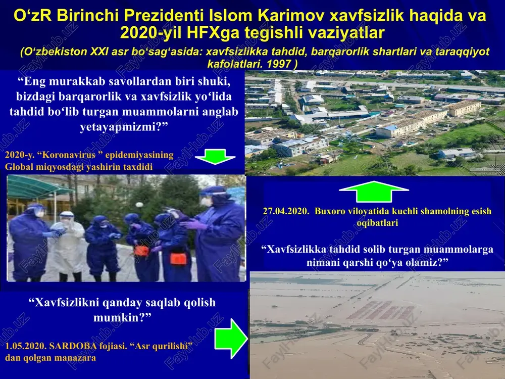 z aksini topdi. kontseptsiyani amalga tatbiq etish uchun esa 2019 yil 6 avgustda maktabgacha ta'lim vazirligi hamda ekologiya va atrof-muhitni muhofaza qilish davlat qo'mitasining mttda ekologik ta'lim va tarbiyani rivojlantirish chora-tadbirlari bo'yicha qo'shma qarorida aniq qilib belgilab berilgan. 4 hayot, faoliyat va xavfsizlik tushunchalari tirik mavjudotlar, yaʼni organizmlarning yashashi va namoyon boʻlishi hayot faoliyat xavfsizlik kishilarning butun umri davomida yashamoq uchun harakat qilishlari yoki faylasular tili bilan aytganda insonlarning tashqi olamga faol munosabatda boʻlish shakli, oʻzini-oʻzi maqsadga muvofiq tarzda oʻzgartirish usuli, borligʻining muhim xususiyati organizmlar, jumladan kishilik jamiyatining atrof-muhitida sodir boʻluvchi va tavakkalchilikni inobatga oluvchi xavf-xatardan himoyalanganlik holati xo'sh hayot, faoliyat va xavfsizlik tushunchalari qanday, degan o'rinli savol tug'iladi. hayot – bu ..., faoliyat- bu..., xavfsizlik- bu... . 5 hfxga doir oʻzbekiston ryespublikasining q o n u n l a r i 1 oʻzbekiston respublikasining konstitutsiyasi 1992.12.08 2 tabiatni muhofaza qilish toʻgʻrisida 1992.12.09 3 standartlashtirish toʻgʻrisida 1993.12.28 4 metrologiya toʻgʻrisida …