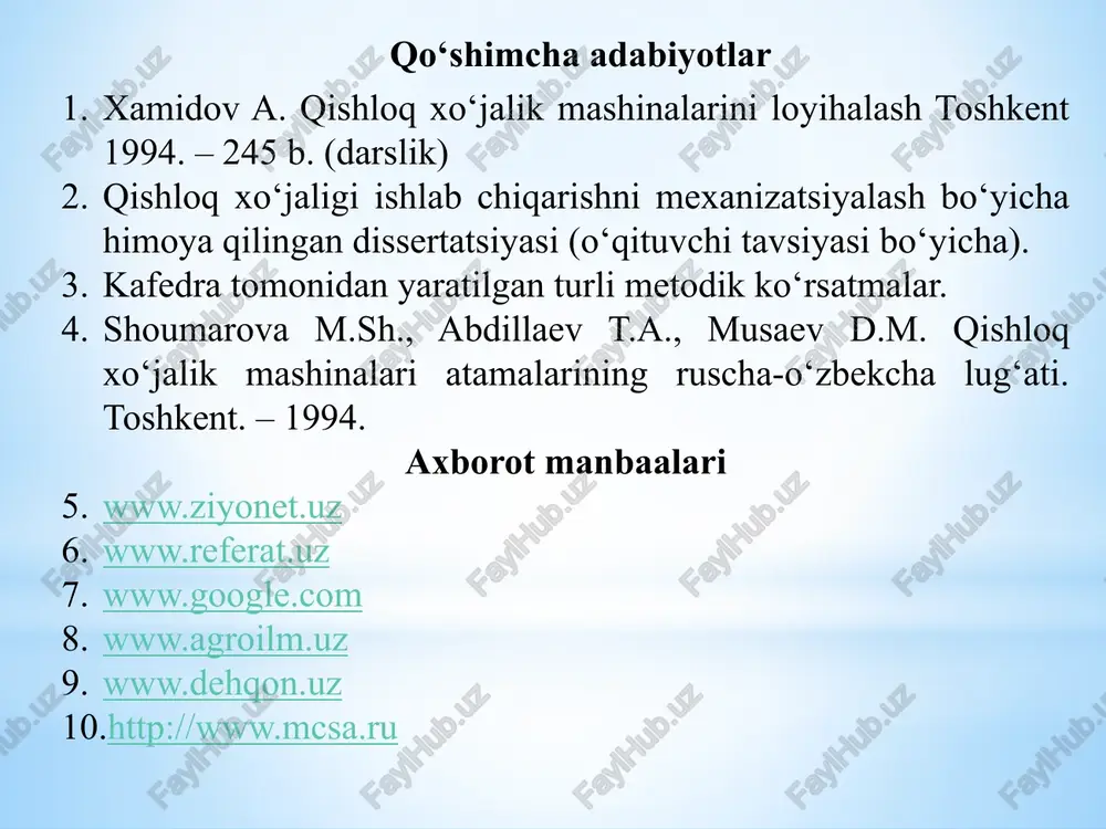 a bir tekis zichlangan qatlam hosil qilish hisobiga tuproqning ostki qatlamidagi namlikni yuqoriga ko‘tarilishini ta’minlashdan iborat. tuproqning yuqori qatlamini 12-16 sm chuqurlikdayumshatish, begona o‘tlarning ildizlarini qirqish va dala yuzasini tekislashdan iborat. tishli tirmalar tirma tishlarining turlari a)-kvadrat; b)-romb; v)-maxsus; g)-ellipis; d)-aylana; e)-elaksimon; j)-pichoqsimon; z)-purjinasimon; i)-sferik diskli; k)-kesilgan diskli maxsus to‘rsimon boronalar otqashlagichlar oldingi ikki boronalardan ishchi organlarining shakli bilan farq qiladilar: boronaning kengligi va uzunligi bo‘yicha har ikkinchi tish dumaloq va uni uchi “o‘rdak panjasi” shaklida qilingan. prujinali boronalar prujinasimon po‘latdan yasalgan uzun egilgan tishlarga ega. ular og‘ir va yengil boronalarga ajratiladi. og‘ir boronalar uchun har bir tishga bosim (yuklama) 6,85...18,6 n ni tashkil qiladi, yengil boronalarda ularning tishiga yuklama siquvchi prujinalar bilan ta’minlanadi. prujinasimon tishlar kesaklarni yaxshi parchalaydi, shuning uchun ularni toshli va chimli tuproqlarda hamda ildizpoyali begona o‘tlar bilan ifloslangan yerlarda qo‘llaydilar. prujinasimon tishlarni kuchli tebranishi tufayli bunday tishlar bilan jihozlangan boronalarga kam darajada begona o‘tlar tiqiladi. ish …