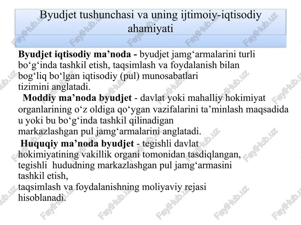si tiklanish va taraqqiyot jamg‘armasi mablag‘lari. byudjet tuzilishi byudjet daromadlar xarajatlar tuzilishi har qanday darajadgi byudjetni tuzishda byudjet balansligi prinsipiga alohida e’tibor berish zarur hisoblanadi. byudjet tizimi byudjetlarida nazarda tutilgan xarajatlar hajmi ularning daromadlari va taqchillikni qoplash manbalari yig‘indisining hajmiga muvofiq bo‘lishi kerak. byudet kodeksi 10-modda byudjet profitsiti va defitsitininng huquqiy rejimi byudjetning uch asosiy holatifarqlanadi: taqchillik profitsit mutanosib holat. davlat byudjeti taqchilligi — muayyan davrda o‘zbekiston respublikasining davlat byudjeti xarajatlarining uning daromadlaridan oshib ketishi; byudjet tasnifi tarkibi mazmuni va byudjet tizimidagi byudjetlarni tuzish va ijro etish bo‘yicha asosiy metodologik hujjat bo‘lib byudjet tasnifi xizmat qiladi. byudjet tasnifining ahamiyati shu bilan belgilanadiki, undan: davlat byudjetini tuzish, ko‘rib chiqish, qabul qilish va ijro etishda; byudjet mablag‘larining ajratilishi va ulardan foydalanilishini nazorat qilishda; turli darajadagi byudjetlarning ko‘rsatkichlarini bir- biri bilan taqqoslashda; barcha darajada jamlangan byudjet tizimini tuzishda foydalaniladi. byudjet tasnifi tarkibi mazmuni va byudjet tasnifi: byudjet tizimi byudjetlari daromadlarining tasnifini; byudjet tizimi …
