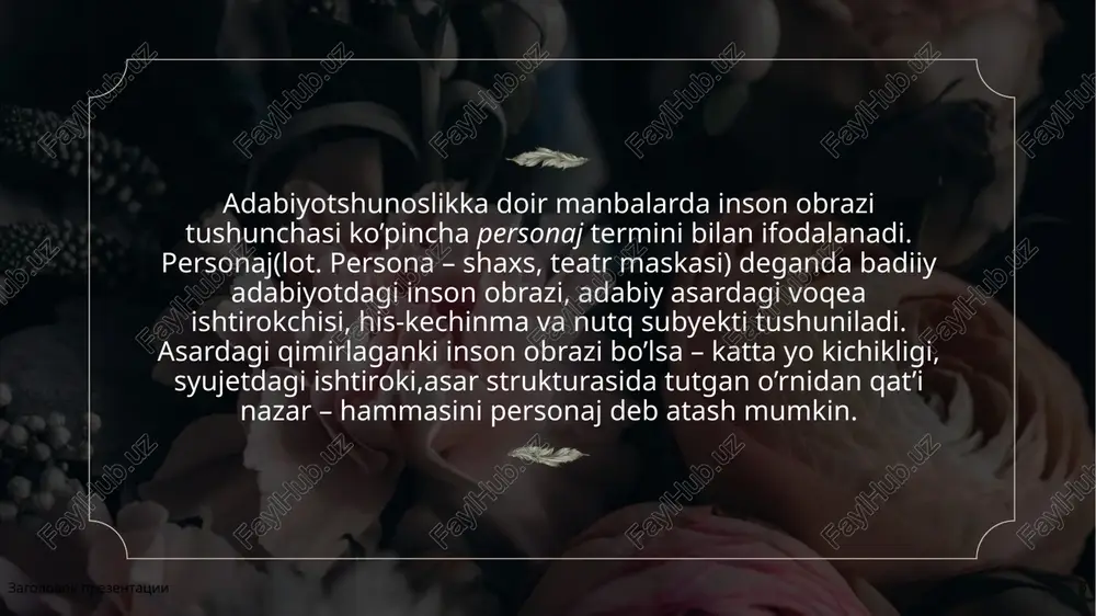 gan vaqt mobaynida hayolidan bir necha o’n marta emas, yuz marta ajrashish muammosi o’tdi. o’tardi-yu yurak yutib bir qarorga kelolmasdi, haligacha kelolgani ham yo’q. hammasidan ham birovlarning uni ko’rsatib: “anavi,erdan chiqibdi,beva!” – deyishlarini, jajji qizaloqlarining shunday zamonda otadan mahrum bo’lib qolishlarini istamasdi. shuni o’ylab ikkilanar,andisha qilar, hatto qo’rqardi.” zagolovok prezentatsii 7 zamonaviy adabiyotda personajlarning o’ylarini “ichki monolog” shaklida berish ommalashgan. mohiyatan u personajning moddiylashmagan , o’ziga qaratilgan va faqat ichidagina kechuvchi nutqi bo’lib, shartli ravishda uning ongida kechayotgan fikrlash ( his qilish) jarayoni deb qabul qilinadi. ichki monolog vositasida personaj yuz berayotgan voqealarni mushohada qiladi, o’zini taftish qiladi, izhor etadi,, iqror etadi. masalan, asarning boshidan to oxiriga qadar oliy qadriyat uchun kurashib kelayotgan yusufning “mardikor bozori”da ish topolmay talabalar yotoqxonasiga qaytgan, ochlik ichini timdalab, sillasi battar qurib, ko’z oldi qorong’ilasha boshlagan holati qahramonning ichki konfilikti orqali yoritib beradiki, personajning har qanday tang ahvolda bo’lsa-da oliy qadriyat – muvozanat mashaqqatidan yuz …