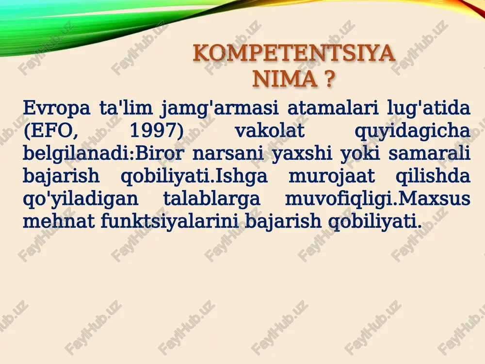 o'z-o'zini aks ettirish, o'z pozitsiyasini aniqlash, o'zini o'zi qadrlash, tanqidiy fikrlash va boshqalar.;ko'p o'lchovlilik, ya'ni. turli xil aqliy jarayonlar va intellektual ko'nikmalarni o'z ichiga oladi (analitik, tanqidiy, kommunikativ va boshqalar). "o'qituvchiga ma'lum qadriyatlar, ideallar va pedagogik ongning tashuvchisi sifatida uning pedagogik faoliyati, pedagogik aloqasi va o'qituvchining shaxsiyatini shakllantirishni belgilaydigan zarur bilim, ko'nikma va ko'nikmalarni egallash" (g. m. kojaspirova). o'qituvchining kasbiy malakasi. "shaxsning unga va faoliyat mavzusiga bo'lgan shaxsiy munosabatini, ob'ektlar va jarayonlarning ma'lum bir doirasiga nisbatan belgilanadigan va ularga nisbatan samarali va samarali harakat qilish uchun zarur bo'lgan o'zaro bog'liq shaxsiy fazilatlar (bilim, ko'nikma, ko'nikma, faoliyat usullari) to'plamini o'z ichiga olgan tegishli vakolatlarga ega bo'lishi, egalik qilishi" (xutorskaya a. v.) ta'limning zamonaviy tendentsiyalariga muvofiq umumiy pedagogik kompetentsiyalarga quyidagilar kiradi: malaka oshirish yoki to'liq qayta o'qitish;vaziyatni va sizning imkoniyatlaringizni tezda baholang;mustaqil o'rganishqarorlar qabul qilish va ular uchun javobgar bo'lish;o'zgaruvchan yashash va mehnat sharoitlariga moslashish;faoliyatning yangi usullarini ishlab chiqish yoki ularni optimallashtirish …
