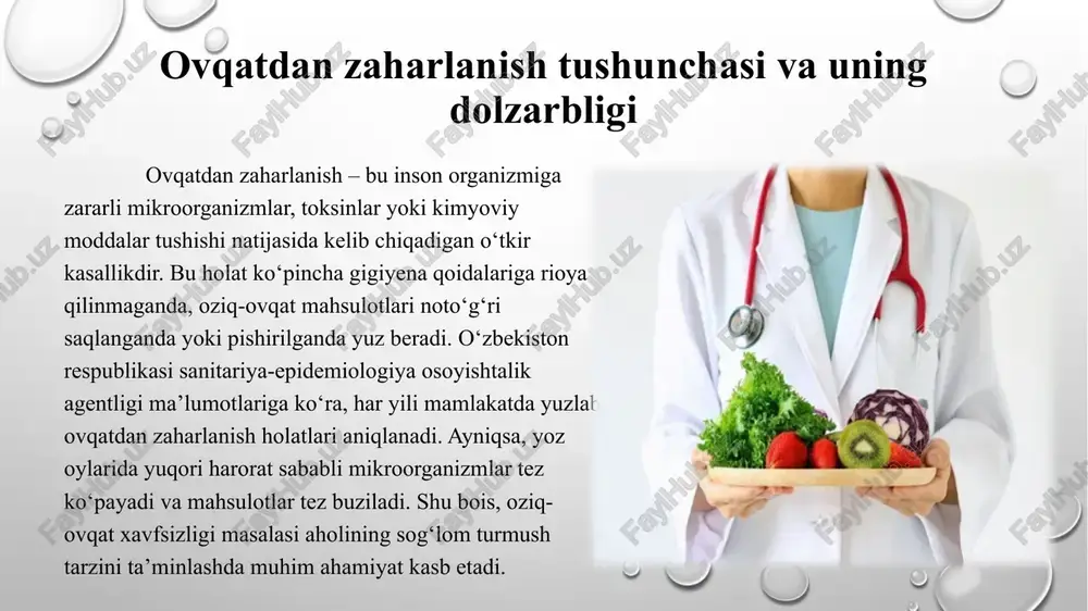 g yo‘qolishi va umumiy holsizlikdir. bunday alomatlar organizmga tushgan mikroblar yoki toksinlarning ta’siri natijasida paydo bo‘ladi. ayrim hollarda harorat ko‘tariladi, bosh og‘rishi va qorin og‘rig‘i kuzatiladi. bu bosqichda organizm toksinlarni chiqarishga urinadi. shu sababli suyuqlik ichish va shifokor ko‘rigidan o‘tish muhim. 8 o‘tkir zaharlanish holatlarining rivojlanishi agar organizm toksinlarni mustaqil chiqarib yubora olmasa, zaharlanish o‘tkir bosqichga o‘tadi. bunda bemorda kuchli qusish, takroriy ich ketishi, qorin sohasida sanchuvchi og‘riq, tana haroratining keskin ko‘tarilishi kuzatiladi. ayrim hollarda suvsizlanish va qon bosimining pasayishi sodir bo‘ladi. o‘tkir bosqichda bemor zudlik bilan tibbiy muolajaga muhtoj bo‘ladi. suyuqlik yo‘qotilishini oldini olish uchun fiziologik eritmalar yoki rehidratsiya vositalari qo‘llanadi. bolalar va keksalarda zaharlanishning kechish xususiyatlari bolalar va keksalarda ovqatdan zaharlanish og‘ir kechadi, chunki ularning immun tizimi sustroq bo‘ladi. bolalarda tez suvsizlanish, tana haroratining oshishi va hushning yo‘qolishi kabi belgilar tezda namoyon bo‘ladi. keksalarda esa zaharlanish yurak, buyrak va jigar faoliyatiga jiddiy zarar yetkazishi mumkin. shu sababli bu …