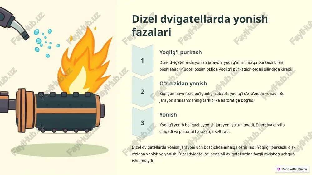 gazlar yonish jarayonida zararli gazlar hosil bo'ladi. uglerod oksidi va azot oksidi kabi gazlar atrof-muhitga zarar etkazadi. 2 chiqindi gazlar avtomobillarning chiqindi gazlari atrof-muhitga zarar etkazadi. ushbu gazlar havoni ifloslantiradi va global isishga olib keladi. 3 yonish jarayonining ekologik ta'siri jiddiy muammo hisoblanadi. ifloslantiruvchi moddalar, zararli gazlar va chiqindi gazlar atrof-muhitga zarar etkazadi. ushbu muammoni hal qilish uchun ekologik toza texnologiyalardan foydalanish kerak. 7 xulosa va keyingi qadamlar 1 yonish jarayonining fazalari benzinli va dizel dvigatellarida yonish jarayonining asosiy fazalari batafsil o'rganildi. 2 aralashma tarkibi har xil tarkibli aralashmalarning yonish xususiyatlari tahlil qilindi. 3 ekologik ta'sir yonish jarayonining ekologik ta'siri va uni kamaytirish yo'llari ko'rib chiqildi. ushbu taqdimot davomida benzinli va dizel dvigatellarida yonish jarayonining fazalari, aralashma tarkibining ta'siri va ekologik jihatlar muhokama qilindi. keyingi qadam sifatida, ushbu bilimlarni amaliyotda qo'llash va yangi texnologiyalarni ishlab chiqish muhim ahamiyatga ega. 8 image1.png image2.png image3.png image4.png image5.png image6.png image7.png image8.png image9.png image10.png …