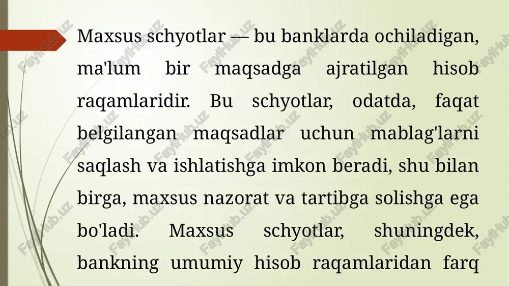 romadi bo'ladi. xazina vosiqalari bir yil ichida va undan ortiq muddatda to'lanadigan hukumatning majburiyatlari hisoblanib, agar ular joriy moliyaviy yil davomida to'lanmasa, qisqa muddatli investitsiya sifatida turkumlanmaydi), tijorat qog'ozlari(qisqa muddatli vosiqalar -bu korporatsiyalar tomonidan chiqarilgan o'ziningqisqa muddatli pul mablag'lariga bo'lgan ehtiyojlarni moliyalashtiruvchi mablag'lardir) va depozit sertifikatlardan (tezda talab qilib olish mumkin bo'lmagandepozit sertifikatlari yoki bank depozitlari, muomaladan chiqarish yo’li bilan to'lanishi va jazo (sanksiya) o'tkazilishi mumkin) iborat. maxsus schyotlarga mablag'larni kiritish va chiqarish tartibi aniq belgilangan. mablag'lar faqat schyotda ko'rsatilgan maqsadga muvofiq ishlatilishi mumkin. schyotga kiritilgan mablag'lar, bank tomonidan qayd etilib, kerakli hisob-kitoblar bajariladi. depozitlar: mijoz bankka ma'lum miqdorda pul mablag'larini kiritadi. bu mablag'lar schyotga to'liq va aniq maqsadga qarab kiradi. to'lovlar: soliq yoki boshqa majburiy to'lovlar uchun schyotga mablag'lar kiritiladi. jamg'arma mablag'lari: maxsus schyotga to'planadigan jamg'armalar, pensiya yoki jamg'armalar uchun kiritiladi. maxsus schyotlar bo'yicha mablag'lar muntazam ravishda tekshiriladi va nazorat qilinadi. bank va mijozlar o'rtasidagi hisob-kitoblar aniq va shaffof …