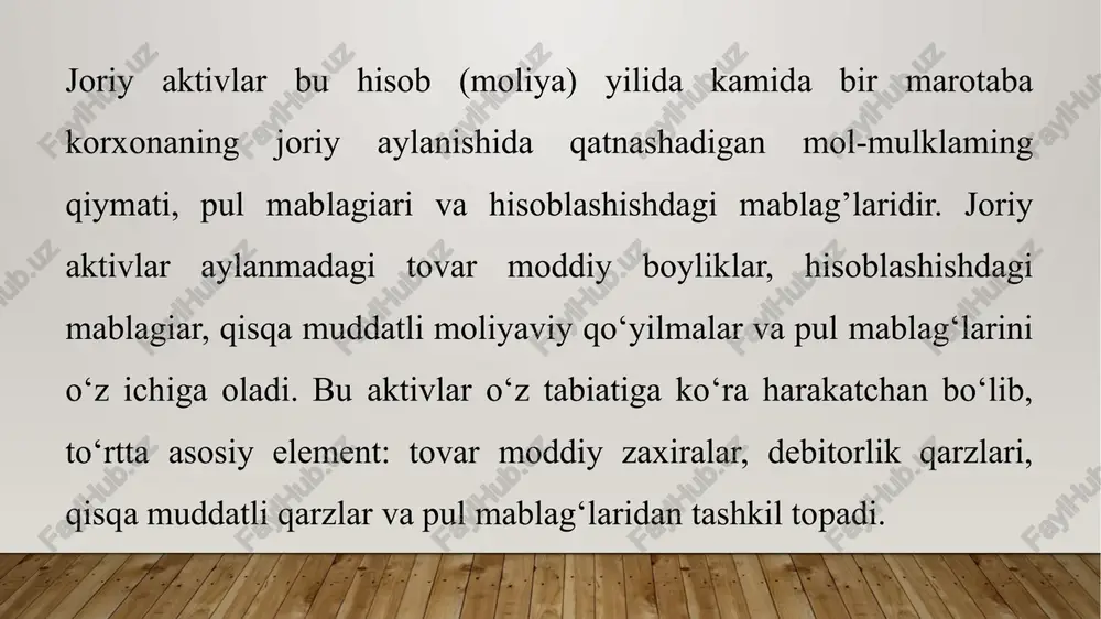 ri va aniqlik darajasi bilan farq qiluvchi ko‘plab tasniflari mavjud. ba’zi iqtisodchilar joriy aktivlami quyidagi belgilari bilan farqlashadi: korxona faoliyatida qatnashish tavsifiga ko‘ra: joriy ishlab chiqarish fondlari va muomala fondlari rejalashtirish xususiyatlari bo‘yicha: me’yorlashtiriladigan va me’yorlashtirilmaydigan joriy aktivlar joriy aktivlarning manbalarnini shakllanishida o’z mablag’larining yetishmovchiligiga xo’jalik sub’ekti o’z faoliyatiga bog’liq yoki bog’liq bo’lmagan sabablar natijasida yuzaga keladi. xo’jalik sub’ektida mavjud bo’lgan o’z joriy aktivlari saqlanish holati yetarli darajada taminlanmaganligini, joriy aktivlardan noqonuniy foydalanish natijasida, bo’lmagan foyda hisobidan kapital qurilish evaziga ma’lum summani yokotilishiga sabab bo’ladi. xo’jalik sub’ekti tomonidan amalga oshirilayotgan iqtisodiy shart-sharoit ham joriy aktivlar holatiga samarali darajada o’z tasirini o’tkazadi. joriy aktivlar korxona faoliyati uchun qisqa muddatli foydalanish xarakteristikasi hamda davrning barcha bosqichlarida bir vaqtning o’zida qatnashishi bilan tavsiflanadi. doimiy ishlab chiqarish va tijorat sikli uchun zarur bo’lgan aylanma mablag’larning qismi tizimli, vaqtincha qismi esa doimiy deb nomlanadi. shunga ko’ra, joriy aktivlarning shakllanish manbalari doimiy yoki vaqtinchalik xususiyatga ega …