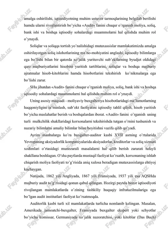 ana boshlagan. o’sha paytlarda mustaqil faoliyat ko’rsatib, korxonaning ishlab chiqarish moliya faoliyati to’g’risida aniq xulosa beradigan mutaxassislarga ehtiyoj kuchaygan. natijada, 1862 yili angliyada, 1867 yili fransiyada, 1937 yili esa aqshda majburiy audit to’g’risidagi qonun qabul qilingan. hozirgi paytda bozor iqtisodiyoti rivojlangan mamlakatlarda o’zining tashkiliy huquqiy infratuzilmalariga ega bo’lgan audit institutlari faoliyat ko’rsatmoqda. auditorlik kasbi turli xil mamlakatlarda turlicha nomlanib kelingan. masalan, amerikada jamoatchi-buxgalter, fransiyada buxgalter ekspert yoki schyotlar bo’yicha komissar, germaniyada xo’jalik nazoratchisi, yoki kitoblar (das buch) nazoratchisi, qator anglosaksoniya mamlakatlarida kompaniyaning moliyaviy faoliyatini nazorat qiladigan taftishchi kabilar. auditorlik faoliyatining rivojlanishiga 1929-1933 yillarda jahon iqtisodiy tanazzuli katta turtki bo’ldi. bu davrda aksiyadorlik jamiyatlari va boshqa korxonalarning ko’pchiligi inqirozga yuz tutdilar. natijada hisobotlarni, xususan, balans, foyda va zararlar to’g’risidagi hisobot ma’lumotlarini tasdiqlash tartibini qat’iy belgilash, ularning to’g’riligi va haqqoniyligini mustaqil auditorlar tomonidan tekshirish ehtiyoji yuzaga kelgan. audit xix asr o’rtalarida shotlandiyada ham vujudga kela boshlagan. ingliz temiryo’lchilari, sug’urta va boshqa investorlar …
