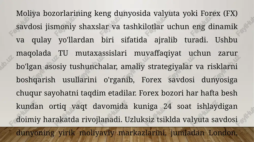 ldagi ariza hamda shaxsini tasdiqlovchi hujjatini, yakka tartibdagi tadbirkor esa qo‘shimcha ravishda guvohnoma taqdim etadi va tarkibiy bo‘linma mutaxassisi hujjatlardan nusxa oladi. forex savdosi quyidagi o'ziga xos xususiyatlarni namoyish etadi: haqiqiy vaqtda valyuta konvertatsiyasi likvidlik global foydalanish imkoniyati markazlashtirilgan almashinuv texteach savdosi har doim talab mavjudligini ta'minlab, likvidlikning ishonchli darajasidan foydalanadi. har bir savdo ishonchli likvidlik darajasidan foyda ko'radi, bu har doim talab mavjudligini ta'minlaydi. forex turli vaqt zonalarida ishlaydi, bu uni doimiy global bozorga aylantiradi. valyuta operatsiyalarini birlashtirish samaradorlik va qulaylikni oshiradi. chet el valyutasi uchun to‘lov rezident jismoniy shaxs tomonidan milliy valyutada tijorat bankining operatsiya bajariladigan kundagi sotish kursida amalga oshiriladi va tegishli tasdiqlovchi hujjatning (chek va boshqa) asl nusxasi mijozga beriladi, nusxasi esa kunlik hujjatlarga tikib qo‘yiladi. chet el valyutasi 09017-shakldagi ma'lumotnoma va pul mablag‘lari to‘langanligi to‘g‘risidagi to‘lov hujjati asosida rezident jismoniy shaxsning xalqaro to‘lov kartasi hisobvarag‘iga o‘tkazib beriladi. rezident jismoniy shaxsning xalqaro to‘lov kartasi mavjud bo‘lmaganda, …