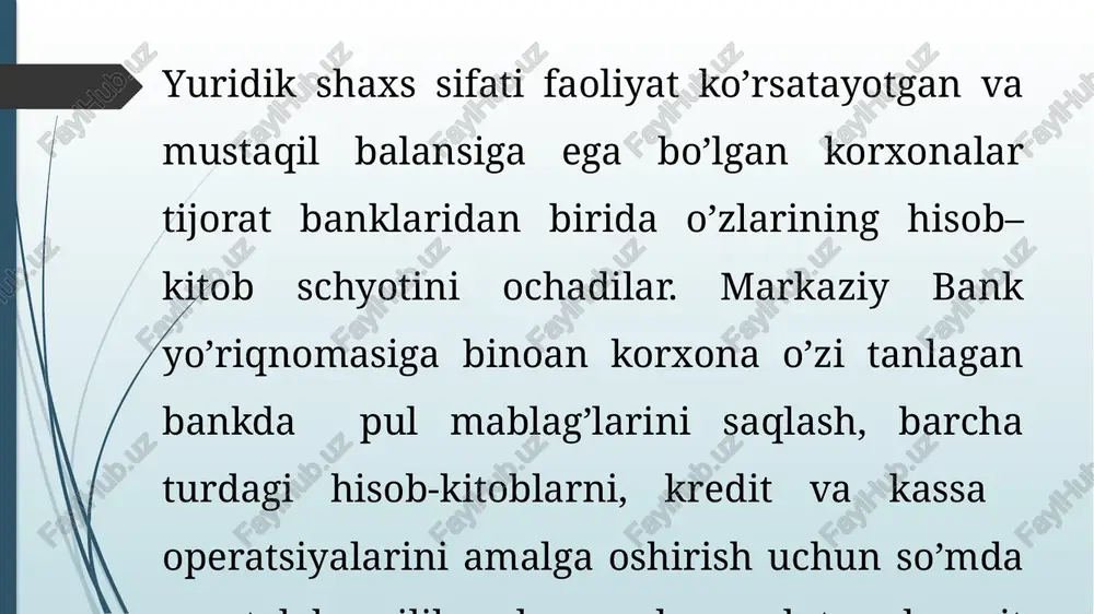 ilova qilingan xarajatlar hujjatda nizomga binoan qo’shimcha xarajat elementlari va moddalarining raqamlari qo’yiladi. buning zaruriyati shundaki, ko’p schyotlar bo’yicha analitik hisob xarajat elementlari va moddalari bo’yicha tashkil etiladi. xarajat elementlari va moddalari bo’yicha guruhlash ma’lumotnoma varaqalarida olib boriladi. hisob-kitob schyoti bo’yicha sodir bo’ladigan operatsiyalarni hisobga olish uchun korxonada 5110 - «hisob-kitob schyoti» ochiladi. bu schyot aktiv bo’lib, uning debetida hisob-kitob schyotiga tushgan barcha tushumlar, kreditida esa - hisob-kitob schyotidan barcha sarflangan pul mablag’lari aks ettiriladi. bu schyotning debet saldosi hisob-kitob schyotida pul mablag’larining qolgan qoldig’ini ko’rsatadi. bu schyotda boshqa aktiv schyotlar kabi kredit qoldiq bo’lmaydi. hisob-kitoblar an'anaviy ravishda barcha buyurtmalarni samarali bajarish, mavjud mablag'larning kelib tushishi yoki sarflanishi to'g'risida tizimli xabar berish, barcha davom etayotgan jarayonlar uchun ham oraliq, ham yakuniy natijalarni tayyorlash va ta'minlash bilan ajralib turadi. ushbu turdagi kassa operatsiyalarini amalga oshirish tartibini nazorat qilish ham bank, ham unga murojaat qilgan mijoz tomonidan amalga oshiriladi. ko'rsatilgan ikki tomon …