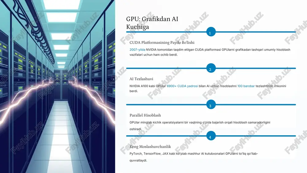 g tarqalgan va qulay yechim hisoblanadi. korporativ va bulutli yechimlar katta korxonalar va bulut xizmatlari provayderlari yuqori samaradorligi va miqyosliligi tufayli tpularniafzal ko'radi. kelajak: ai hisoblashda innovatsiyalar texnologiyalar rivoji gpu va tpu texnologiyalari yanada rivojlanmoqda: ko'proq yadrolar, kamroq energiya sarfi va yuqori tezlik. yangi arxitekturalar fpga va asiclar bilan birgalikda yangi parallel hisoblash arxitekturalari paydo bo'lib, ai quvvatini oshirmoqda. optimallashtirish ai algoritmlarini tezlashtirishda yangi yondashuvlar va dasturiy ta'minot optimallashtirishlari doimiy ravishda kutilmoqda. to'g'ri tanlov sizning ai loyihangiz uchun eng mos hisoblash yechimini tanlash muvaffaqiyat kalitidir. ehtiyojlaringizni tahlil qiling va strategik qaror qabul qiling. image1.png image2.png image3.png image4.png image5.png image6.png image7.png image8.png image9.png image10.png image11.png image12.png