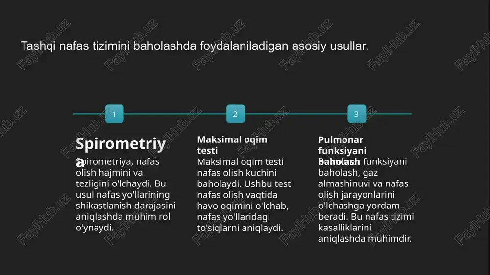 rajasini o'lchab, nafas tizimining holatini aniqlashda muhimdir. yurak qon-tomir tizimining holatini baholashda zamonaviy metodlar. zamonaviy yurak qon-tomir tizimini baholash metodlari elektrokardiografiya, echokardiografiya va qon bosimini monitoring qilishni o'z ichiga oladi. ushbu usullar kasalliklarni erta aniqlash va samarali davolashda muhim ahamiyatga ega. keyingi tadqiqotlar bu metodlarning aniqligini va ishonchliligini oshirishga qaratilgan. sog'liqni baholashda qo'llaniladigan innovatsion texnologiyalar. 1 innovatsion usullar sog'liqni baholashda yangi texnologiyalar, masalan, sun'iy intellekt va ma'lumotlar tahlil qilish usullari, ko'plab jarayonlarni tezlashtiradi va aniqlikni oshiradi. 2 wearable texnologiyalar qo'lga taqiladigan qurilmalar, yurak urishi va nafas olishni real vaqt rejimida kuzatishga imkon beradi, shuningdek, sog'liq holatini monitoring qilishda muhim rol o'ynaydi. 3 raqamli diagnostika raqamli tahlil va telemeditsina orqali masofaviy konsultatsiyalar va diagnostikalar o'tkazish, shifokorlar va bemorlar o'rtasidagi aloqani kuchaytiradi. diagnostik usullar orqali nafas va yurak faoliyatini tahlil qilish. diagnostik usullar spirometriya ekg va ultratovush tashqi nafas va yurak qon-tomir tizimini baholash uchun turli diagnostik usullar qo'llaniladi, jumladan spirometriya, ekg …