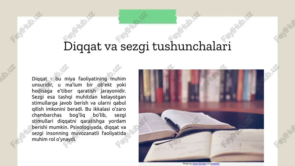 ing o‘zaro aloqasi va rivojlantirish usullari muhim. to‘g‘ri tushunish va amaliyot samaradorlikni oshiradi. asosiy tushunchalar diqqat va sezgi psixologiyada muhim tushunchalar bo‘lib, ular inson faoliyatida muhim rol o‘ynaydi. ularning o‘zaro aloqasi va farqlari haqida qisqacha tushuncha. farqlari diqqat va sezgi o‘rtasidagi asosiy farqlar, ularning funksiyalari va rivojlantirish usullari haqida tushunchalar. bu tushunchalarni aniq ajratish muhim. rivojlantirish usullari diqqat va sezgini rivojlantirish uchun amaliy tavsiyalar, jumladan, fokus mashqlari, meditatsiya va tabiat bilan muloqot qilish. xatoliklar va tushunish ko‘pincha yuzaga keladigan noto‘g‘ri talqinlar va ularni to‘g‘ri tushunish uchun ehtiyotkorlik va amaliyot muhimdir. o‘rganishda xatoliklarni kamaytirish. yakuniy fikr o‘z fikrimizni mustahkamlash va kelajak uchun ilhomlantiruvchi so‘zlar bilan, har ikkisini rivojlantirish hayotingizni boyitadi. foydalanilgan adabiyotlar 1. akromova, m. (2018). diqqat va sezgi psixologiyasi: nazariyalar va amaliyot. toshkent davlat universiteti nashri. 2. yusupov, s. (2020). psixologik jarayonlar va ularning rivojlanishi. o'zbekiston psixologiya jurnali, 5(2), 45-60. 3. qodirov, a. (2019). diqqat va sezgi rivojlanishining psixologik asoslari. …