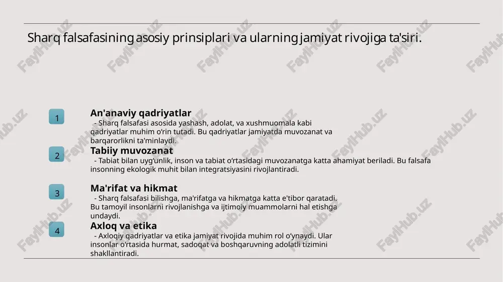 si, uning etik va axloqiy qadriyatlari bilan, zamonaviy texnologik rivojlanishda muhim rol o'ynaydi, insoniylik va ma'naviyatni saqlashga xizmat qiladi. kelajak imkoniyatlari sharq falsafasi va texnologiyaning uyg'unligi, inson farovonligi uchun yangi imkoniyatlar ochadi, ekologik muhofaza va madaniy boyliklarni rivojlantirishda yordam beradi. sharq falsafasining asosiy prinsiplari va texnologik rivojlanishga ta'siri 1 an'anaviy qadriyatlar sharq falsafasi odatda muvozanat, hamjihatlik va tabiat bilan uyg‘unlik kabi qadriyatlarni ta'kidlaydi, bu esa texnologik rivojlanishda muhim qadamlardir. 2 intuitsiya va ma'rifat sharq falsafasida intuitiv bilim va ma'rifatga katta ahamiyat beriladi, bu esa innovatsiyalar va yangi texnologiyalarni yaratishda ijodiy yondashuvlarni rivojlantiradi. 3 yagona va butun dunyo yangi texnologiyalar ishlab chiqishda yagona ong va butun dunyo bilan hamkorlik muhim, bu sharq falsafasining umumiy rivojlanish tamoyillariga mos keladi. 4 doimiy o‘rganish sharq falsafasi doimiy o‘rganish va rivojlanishni rag‘batlantiradi, bu esa texnologik yangiliklar va ilmiy izlanishlarni jadallashtiradi. o‘zbekiston madaniyatida sharq falsafasining zamonaviy ahamiyati va innovatsiyalar an'anaviy qadriyatlar o‘zbekiston madaniyatida sharq falsafasi an'anaviy …