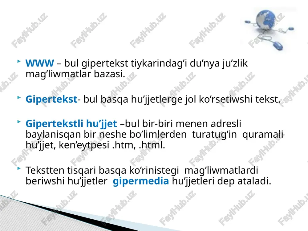 indegi so’z. bul soz’ elementtin’ ashi’wshi’ ha’m jabiwshi tegleri arasi’ndag’i hu’jjettin’ fragmentine anaw yamasa mi’naw qa’siyetti beredi. html hu’jjetinin’ du’zilisi html hu’jjetinin’ bo’limleri … -html hu’jjetinin’ shegaralari’n belgileydi. … - hu’jjet haqqi’nda mag’li’wmat, mi’sali’, ati’. … -atama … -hu’jjettin’ tiykarg’i’ bo’limi, bul jerde brawzer aynasi’nda sa’wlelenetug’i’n mag’li’wmatlar ta’riyiplenedi 14 a’piwayi web-betlik moya pervaya web-stranitsa privet! first.html menin’ birinshi web-betligim basi (atamasi) salem! tiykarg’i bo’limi (denesi) 14 tegler tekstli yaki grafikali’q informaciyani’n’ ekranda qalay sa’wlelenetug’i’nli’g’i’n belgileydi tiykarg’i tegler tiykarg’i tegler giperbag’i’tlar giperbag’i’tlar ko’rsetkishi so’z, bir neshe so’z yaki ha’r qıylı ko’rinisler bolı’wi’ mu’mkin. tiykarı’nan yeki tipke ajıratıladı. tekstli ha’m grafikalı’q. giperbag’i’tlar wornatı’w ushı’n brouzerge ko’rsetkish ha’m bag’darlawshı’ adresti ko’rsetiw lazı’m. bul tegi arqalı’ a’melge ası’rı’ladı’. bir parametrge iye (href) ha’m qosı’msha url adres ko’rsetiledi. mı’salı ‘ ha’m aqı’rı’na sha’rtli tu’rde tegi qoyıladı. ko’rsetkish http://www.nmpi.uz/index.htm web-betliklerdin’ grafikaliq komponentlerin tiykarg’i 3 kategoriyag’a ajiratiw mu’mkin qosimsha tekst ha’m fotosu’wretlerden ibarat bolg’an illyustrativ grafika; tu’sindiriw …