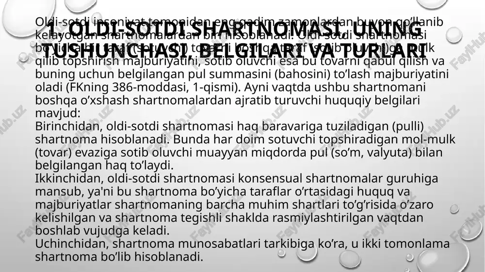 ‘chmas mulk, korxona kabi maxsus obyektlar uchun alohida tartiblar mavjud. oldi-sotdi shartnomasi predmeti sifatida nafaqat ashyolar, balki mulkiy huquqlar (masalan, patent, mualliflik huquqlari) ham qatnashishi mumkin. bunday huquqlarni sotish huquqiy shakllarda, ko‘pincha yozma va rasmiy ravishda amalga oshiriladi. shartnomada tovarning nomi, miqdori va bahosi ko‘rsatilishi majburiy. tovar evaziga pul to‘lanmasa, bu oldi-sotdi emas. baho odatda tomonlar kelishuvi bilan belgilanadi, lekin ba’zi tovarlar bo‘yicha davlat narxlari (monopoliya, tariflar) qo‘llanilishi mumkin. agar tovar og‘irligiga qarab baholansa, sof og‘irlik (netto) asosida hisoblanadi. tovarning bahosi vaqt o‘tishi bilan o‘zgarsa, bu o‘zgarish shartnomada belgilangan tartibda qayta hisoblanadi. baho haqidagi kelishuv bo‘lmasa, shartnoma haqiqiy hisoblanmaydi. shartnomani ijro etish muddati qonun yoki tomonlar kelishuvi bilan belgilanadi. 5. oldi-sotdi shartnomasining mazmuni oldi-sotdi shartnomasining mazmunini taraflarning huquq va burchlari tashkil etadi. sotuvchining asosiy burchi va huquqi sotilgan ashyoni shartnomaga muvofiq oluvchining ixtiyoriga topshirishdan va buning uchun tegishli haqni olishdan iborat. oluvchining asosiy huquqi va burchi sotilgan tovarni qabul qilib …