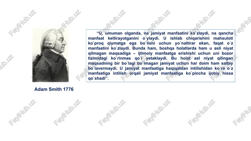 tahlili, model qurish, eksperiment va boshqalar. metodologiya — ilmiy iqtisodiyot, iqtisodiy nazariya va usullarining umumiy nazariyasi; ya’ni qaysi usul, model, gipoteza qachon va qanday ishlatilishi ma’qul, ularning chegaralari va kuchli tomonlari. masalan, talab-taklif modeli — bu soddalashtirilgan model bo‘lib, ceteris paribus (“boshqa omillar o‘zgarmasa”) sharoitda narx va miqdor o‘zgarishini tushuntiradi. foyda maksimalizatsiyalash modeli — ishlab chiqaruvchi qancha resurs sarflab, qancha mahsulot ishlab chiqsa, foyda maksimal bo‘ladi degan farazdan. eksperiment: bozor ochiq-yopiq bo‘lganda narxlar va miqdor qanday farqlanadi degan laboratoriya sharoitida tekshiruvlar. 5. misollar va qisqa muhokama “iqtisodchi shunday kishiki, u ochiq-oydin narsani tushunarsiz ravishda ifodalaydi” alfred a.nof “iqtisodchi – kecha taxmin qilganlari bugun nima sababdan amalga oshmaganini ertaga biluvchi mutaxassisdir”. lourens piter samuelson, p., nordhaus, w. economics. – mcgraw-hill education, 2010. mankiw, n. gregory. principles of economics. – cengage learning, 2021 (9th edition). krugman, p., wells, r. microeconomics. – worth publishers, 2020. dolan e. dj., lindsey d. rinok: mikroekonomicheskaya model. …
