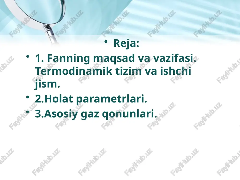 shi mumkin bo‘lgan yo‘nalishni aniqlaydi. temperatura, masalan, termometrlar yordamida o‘lchanadi. temperaturani o‘lchash uchun foydalaniladigan har qanday asbob qat’iy belgilangan temperatura shkalasiga muvofiq graduslarga bo‘lingan bo‘lishi kerak. hozir turli temperatura shkalalari – selsiy, farangeyt, reomyur va renkin shkalalaridan foydalaniladi. termodinamikaviy tadqiqotlarda 1848 yilda buyuk ingliz olimi kelvin taklif etgan shkaladan foydalaniladi. kelvin shkalasining noli sifatida ideal gaz molekulalarining tartibsiz harakati to‘xtaydigan temperatura qabul qilingan: bu temperatura absolyut nolp deyiladi. absolyut nolp selpsiy shkalasi bo‘yicha – 273,15s temperaturaga muvofiq keladi. kelvin shkalasi bo‘yicha hisoblanadigan temperatura doimo musbat bo‘ladi. u absolyut temperatura yoki kelvin bo‘yicha temperatura deyiladi va k bilan belgilanadi. 1 mol gaz uchun holat tenglamasi. 1 mol gaz uchun holat tenglamasi. gaz holati tenglamasining uchinchi shakli bir mol uchun yoziladi. shuni eslatib o‘tamizki, gazning molekulyar og‘irligiga son jixatdan teng bo‘lgan kilogrammlar miqdori mol, boshqacha aytganda kilogramm-molekula deyiladi yoki kilomol deb aytiladi. masalan kislorod (o2) kilomoli 32 kg ga, karbonat angidrid (co2) …
