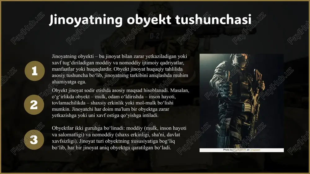 jinoyatning shakllanishiga ta'sir qiladi. • subyekt esa shaxs va uning ijtimoiy-psixologik xususiyatlarini o'z ichiga oladi. • obyekt va subyekt o'rtasidagi bog'liqlik jinoyatni to'g'ri baholash va huquqiy yechim topishda muhim. jinoyatning obyekt va subyektlarini chuqur o'rganish adolatli jamiyat barpo etishda muhimdir. xulosa e'tiboringiz uchun rahmat! image1.jpeg image2.png image3.png image4.png image5.jpeg image6.png image35.jpeg image39.jpg image32.png image40.jpg image18.jpeg image19.png image8.png image20.png image13.jpeg image14.jpg image15.png image16.png image17.png image7.jpg image9.png image10.png image36.png image37.png image38.png