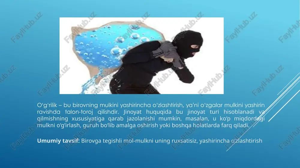 i va mulkni yashirincha o‘zlashtirishni xohlaydi. maqsad – begona mulkni o‘z foydasiga (yoki boshqa shaxs foydasiga) noqonuniy ravishda olish. motiv – odatda shaxsiy boylik orttirish istagi. jinoyat kodeksi 169-modda o’g’irlik jinoyatining asosiy tushunchalarini belgilaydi va unga nisbatan jazoni aniqlaydi, huquqiy muhim asos yaratadi. xulosa bu modda o’g’irlik amalining turli shakllari va qilinadigan jinoyatlar haqida ma'lumot beradi, jinoyatchilikni kamaytirish uchun qat'iy qonunlarni taklif qiladi. xulosa va muhokamada, moddaning amaldagi jazo va muhitga ta'sirini, jinoyatchilikni oldini olishdagi imkoniyatlarni keng yoritishi muhim ahamiyatga ega. e’tiboringiz uchun rahmat image1.jpg image2.jpg image3.jpg /docprops/thumbnail.jpeg
