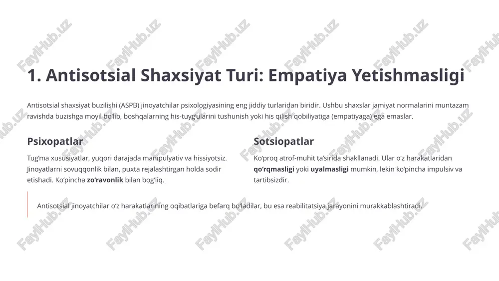 sning haqiqatni noto‘g‘ri idrok etishi (gallyutsinatsiyalar, alahsirashlar) natijasida sodir bo‘ladi. ularning xulq-atvori ko‘pincha mantiqsiz va o‘z-o‘ziga yoki boshqalarga xavf tug‘diradi. jinoyat xulq-atvori zo‘ravonlik yoki jinoyat harakatlari haqiqatni noto'g'ri idrok gallyutsinatsiyalar va deluziyalar ruhiy buzilishlar psixoz, shizofreniya holatlari ushbu toifa jinoyatchilarga odatdagi qamoq jazosi emas, balki maxsus psixiatriya muassasalarida davolash va uzoq muddatli reabilitatsiya dasturlari talab etiladi. to‘g‘ri diagnostika va yordam, jinoyatchilikni kamaytirishda hal qiluvchi ahamiyatga ega. 7 jinoyatchilar psixologiyasida diagnostika va profilaktika samarali jinoyatchilikka qarshi kurashish uchun jinoyatchi shaxsiyatini chuqur tahlil qilish kerak. bu jarayon bir nechta bosqichlarni o‘z ichiga oladi: psixologik testlar mmpi (minesota ko‘p o‘lchovli shaxsiyat inventarizatsiyasi) kabi standartlashtirilgan testlar shaxsiyat buzilishlarini va ruhiy anormalliklarni aniqlashda yordam beradi. chuqur intervyular malakali psixologlar jinoyatchilar bilan o‘tkazilgan intervyular orqali ularning motivatsiyalari, o‘tmishdagi travmalari va jinoyatga olib kelgan sabablarni tahlil qiladi. erta ogohlantirish ijtimoiy-psixologik muammolarni erta aniqlash va xavf guruhidagi shaxslarga yordam ko‘rsatish tizimini yaratish profilaktikaning asosiy bosqichidir. 8 o‘zbekiston sharoitida …