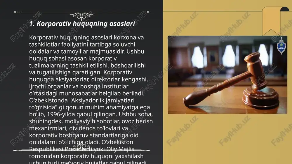 boshqaruvda ishtirok etishi mumkin. ushbu ishtirokchilar o'rtasidagi munosabatlar korporativ huquqiy hujjatlar va qonunlar bilan tartibga solinadi. ... t.me/slaydai_bot korporativ boshqaruv tizimi kompaniya yoki tashkilotda boshqaruvni amalga oshirish va nazorat qilish jarayonlarini qamrab oladi. bu tizim aksiyadorlar, direktorlar kengashi va menejmentning huquqları, majburiyatlari va javobgarliklarini belgilaydi. 2002 yilda qabul qilingan sarbanes-oxley qonuni aqshda korporativ boshqaruvni yaxshilashga qaratilgan muhim qadam bo'ldi. korporativ boshqaruvning yaxshi amaliyotlari kompaniya qiymatini oshirish, moliyaviy shaffoflikni ta’minlash va risklarni kamaytirishga yordam beradi. xalqaro kembrij indeksi bo‘yicha, 2022 yilda o‘zbekiston biznes muhiti ko‘rsatkichini 10% ga yaxshilagan. eng yaxshi korporativ boshqaruvga ega kompaniyalar kutilmagan moliyaviy inqirozlarni 30% ga tezroq yenga oladi. ... t.me/slaydai_bot 7. korporativ huquqlarni himoya qilish korporativ huquqlarni himoya qilish biznes muhitida muhim rol o'ynaydi. o'zbekiston respublikasida "korporativ boshqaruv kodeksi" va "aksiyadorlik jamiyatlari to'g'risida"gi qonunlar bu huquqlarni tartibga soladi. ushbu qonunlar yordamida aksiyadorlar va boshqaruv orasidagi munosabatlar aniqlanib, kompaniya boyliklarining adolatli taqsimlanishi ta'minlanadi. korporativ huquqlarni himoya qilishda, aksiyadorlik …