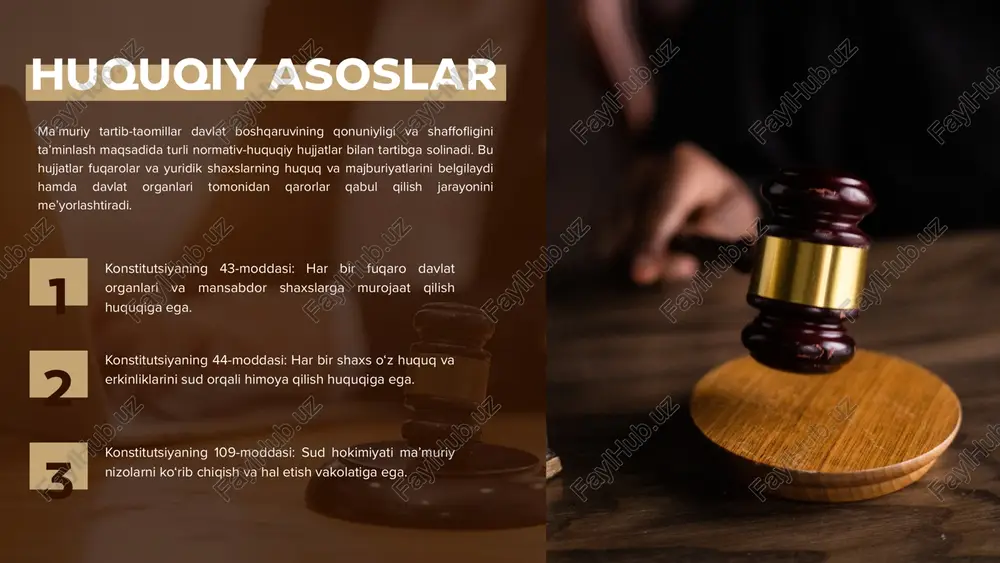 muriy shikoyat – fuqarolar yoki yuridik shaxslarning davlat organlari, mahalliy hokimiyat idoralari yoki mansabdor shaxslarning qarorlari, harakatlari yoki harakatsizligidan norozi bo‘lib, ustidan shikoyat qilish jarayonidir. ma’muriy shikoyatlar o‘zbekiston respublikasining “fuqarolarning murojaatlari to‘g‘risida” gi qonuni va ma’muriy sud ishlarini yuritish to‘g‘risidagi kodeks asosida ko‘rib chiqiladi. shikoyatni kimga berish mumkin? shikoyatni quyidagi idoralarga yuborish mumkin: ✅ qarorni qabul qilgan davlat organining o‘ziga ✅ yuqori turuvchi davlat organiga ✅ ma’muriy sudga 📜 misol: agar hokimiyat biror yer ajratish bo‘yicha rad javobi bersa, fuqaro avval hokimiyatning o‘ziga yoki viloyat darajasidagi idoraga shikoyat qilish mumkin. xorijiy davlatlarda ma’muriy tartib-taomillar ma’muriy tartib-taomillar dunyoning turli davlatlarida o‘ziga xos xususiyatlarga ega. har bir mamlakat o‘z boshqaruv tizimi va huquqiy an’analariga asoslangan holda ma’muriy jarayonlarni tashkil qiladi. quyida turli davlatlarda ma’muriy tartib-taomillar haqida batafsil ma’lumot beramiz. yevropa ittifoqi davlatlari fuqarolarning huquqlarini himoya qilish va ma’muriy organlarning shaffofligini ta’minlash maqsadida turli tartib-taomillarni ishlab chiqqan. xulosa xulosa ma’muriy tartib-taomillar davlat boshqaruvining …