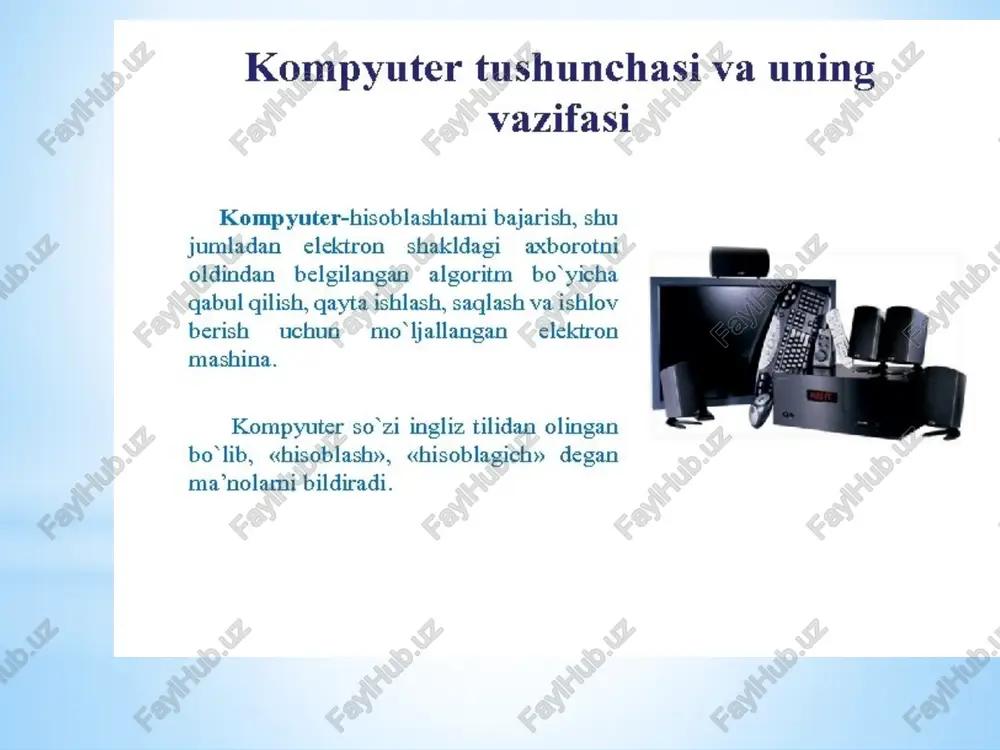 ratish g’oyasi va loyixasi kembridj universitetining profesori charl’z beybidjga (1792-1871) mansubdir. uning loixasi bo’yicha bu mashina xotira qismi, xisoblash qismi, boshkarish qismi va chiqarish qismiga ega bo’lishi shart edi. xix asrning oxirida va xx asrning urtalarida fan va texnikaning barcha soxalarida juda ko’plab kashfiyotlar va ixtirolar qilindi bu ko’p mexnat talab qiladigan mashinalarni yaratishga zarurat paydo qildi. beybidjning loyixasi asosida ko’p olimlar mashinalar yaratishga xarakat qilgan. 1988 yilda amerikalik injener german xollerit birinchi elektromexanik xisoblash mashinani – tabulyatorni yaratdi. ushbu mashina rele asosida ishlagan bo’lib perfokartalarda yozilgan malumotlar bilan ishlay olar edi. 43-ta xollerit tabulyatorlari 1890 yilda bo’lib utgan 11-chi amerika axolini ruyxatdan o’tkazishda ishlatilgan. kompyuterlarni xotirasining hajmi, bir sekundda bajaradigan amallar tezligi, ma’lumotlarning razrad to`rida (yacheykalarda) tasvirlanishiga qarab, besh guruhga bo`lish mumkin: – super kompyuterlar (super computer); – blok kompyuterlar (manframe computer); – mini kompyuterlar (minicomputer); – shaxsiy kompyuterlar (pc-personal computer); – bloknot(noutbook) kompyuterlar. kompyuterning qurilmalari sistema bloki sistema …