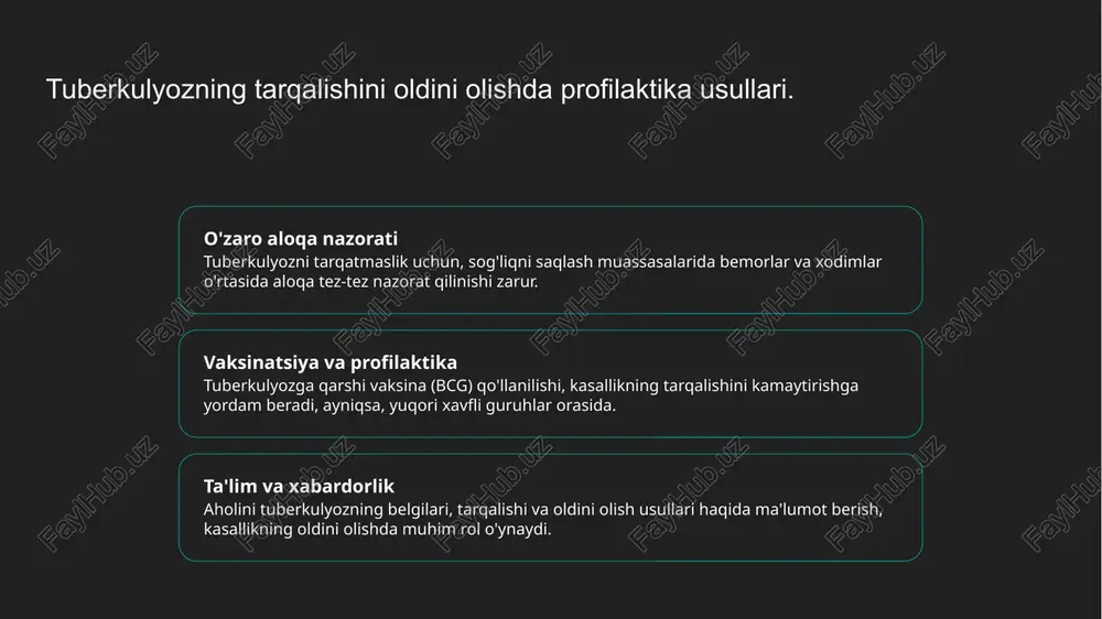 rinchi sanitariya tashkilotlari tuzildi. muhim voqealar 1960-yillarda tuberkulyozga qarshi keng qamrovli immunizatsiya dasturlari joriy qilindi, bu infeksiyaning tarqalishini sezilarli darajada kamaytirdi. zamonaviy yondashuvlar hozirgi kunda o'zbekistonda tuberkulyozga qarshi kurashda innovatsion texnologiyalar va xalqaro hamkorlik muhim o'rin egallamoqda, bu esa samaradorlikni oshiradi. sog'liqni saqlash tizimida tuberkulyozga qarshi kurashning zamonaviy usullari. sog'liqni saqlash tizimida tuberkulyozga qarshi kurashning zamonaviy usullari, kasallik tarqalishini oldini olish uchun innovatsion yondashuvlarni o'z ichiga oladi. jumladan: - tezkor diagnostika usullari; - vaksinatsiya va profilaktika dasturlari; - kasallarning davolanishida zamonaviy dori vositalari. bu usullar o'zbekistonda va global miqyosda tuberkulyozga qarshi kurashda muhim ahamiyatga ega. photo by mark kassinos on unsplash o'zbekistonda tuberkulyozning oldini olish bo'yicha xalqaro tajribalar. xalqaro tajribalar innovatsion yondashuvlar jamiyat ishtiroki o'zbekistonda tuberkulyozni oldini olish uchun xalqaro tajribalar, masalan, sog'liqni saqlash tashkilotining strategiyalari va xalqaro hamkorliklar o'rganilmoqda. tuberkulyozga qarshi innovatsion yondashuvlar, masalan, vaktsinatsiya va tezkor diagnostika usullari, o'zbekistonda muvaffaqiyatli amalga oshirilmoqda. o'zbekistonda tuberkulyozga qarshi kurashda jamiyat ishtirokini …