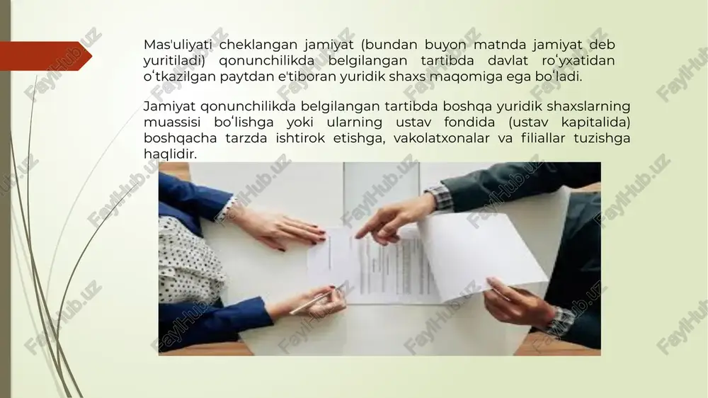 ish adliya organlariga yoki yagona interaktiv davlat xizmatlari portaliga (yidxp) ariza va to'liq paket hujjatlarni topshirish. 4. soliq ro'yxatiga turish soliq organlaridan soliq to'lovchining identifikatsiya raqamini (stir) olish va hisob siyosatini belgilash ta'sischilar yig'ilishi va ta'sis shartnomasi ta'sischilar yig'ilishi bu mchj tashkil etilishidagi asosiy qadamdir. unda jamiyatning nomi, joylashuvi, faoliyat turi tasdiqlanadi va eng muhimi, jamiyat ustavi qabul qilinadi. yig'ilish qarori: -mchjni tashkil etish to'g'risida qaror. -jamiyat ustavini tasdiqlash -ustav kapitalining miqdori va hissalarini aniqlash. -ijro organlarini saylash. image1.jpg image2.jpg image3.jpg image4.jpg /docprops/thumbnail.jpeg