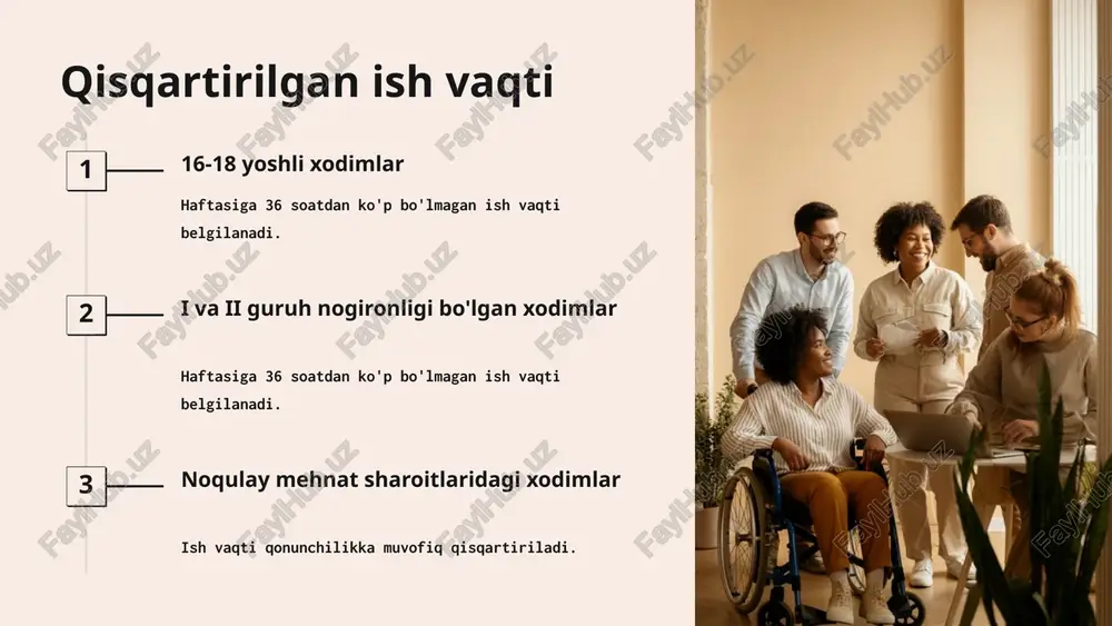 ada boshqacha tartib nazarda tutilmagan bo'lsa. aloqa ish beruvchi bilan doimiy aloqada bo'lish ta'minlanishi kerak. 16 vaxta usulida ishlash ta'rifi xodimning doimiy yashash joyidan uzoqda ishlashi va davriy ravishda almashinuvi. davomiyligi bir vaxta davri bir oydan oshmasligi kerak. ish vaqti hisobi vaxta davri uchun jamlab hisobga olinadi. 17 transport xodimlarining ish vaqti 1 tartibga solish maxsus qonunchilik hujjatlari bilan tartibga solinadi. 2 ish va dam olish rejimi transport turi va ish xususiyatiga qarab belgilanadi. 3 cheklovlar uzluksiz haydash vaqtiga cheklovlar o'rnatilgan. 18 tibbiyot xodimlarining ish vaqti qisqartirilgan ish vaqti ko'p hollarda haftasiga 36 soatdan oshmaydi. navbatchilik navbatchilik vaqti ish vaqtiga kiritiladi. dam olish navbatchilikdan keyin qo'shimcha dam olish vaqti beriladi. 19 pedagoglarning ish vaqti 1 qisqartirilgan ish vaqti haftasiga 36 soatdan oshmaydi. 2 o'quv yuklamasi yillik o'quv soatlari miqdori bilan belgilanadi. 3 qo'shimcha ishlar o'quv-tarbiyaviy ishlar ish vaqtiga kiritiladi. 20 image-1-1.png image-1-2.png image-2-1.png image-3-1.png image-4-1.png image-5-1.png image-5-2.png image-5-3.png image-5-4.png image-7-1.png …