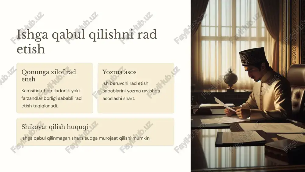 sa, shartnoma davom etadi. 15 ishga qabul qilishni rad etish oqibatlari shikoyat qilish huquqi rad etilgan shaxs sudga murojaat qilishi mumkin. isbotlash majburiyati rad etishning qonuniyligini isbotlash ish beruvchi zimmasiga yuklatiladi. kompensatsiya qonunga xilof rad etish uchun kompensatsiya to'lanishi mumkin. 16 mehnat daftarchasini yuritish kiritish ishga qabul qilish, boshqa ishga o'tkazish ma'lumotlari kiritiladi. bekor qilish mehnat shartnomasini bekor qilish to'g'risidagi ma'lumotlar kiritiladi. muddatlar ma'lumotlar o'z vaqtida kiritilishi kerak. 17 mehnat faoliyati haqidagi ma'lumotlarni olish ish beruvchidan oxirgi ish joyidan ma'lumotlar olinadi. mehnat organidan mehnat organi ham ma'lumotlarni taqdim etadi. shakli qog'ozda yoki elektron shaklda taqdim etiladi. 18 tashkilot rahbarini ishga qabul qilish vakolatli organ tashkilot mulkdori yoki vakolatli organ tomonidan amalga oshiriladi. rahbarning vakolatlari rahbar o'z vakolatlari doirasida xodimlar bilan shartnoma tuzadi. rasmiylashtirish rahbarni ishga qabul qilish maxsus tartibda rasmiylashtiriladi. 19 ishga qabul qilish to'g'risidagi buyruqni e'lon qilish 1 buyruq chiqarish ish beruvchi ishga qabul qilish to'g'risida buyruq chiqaradi. 2 …